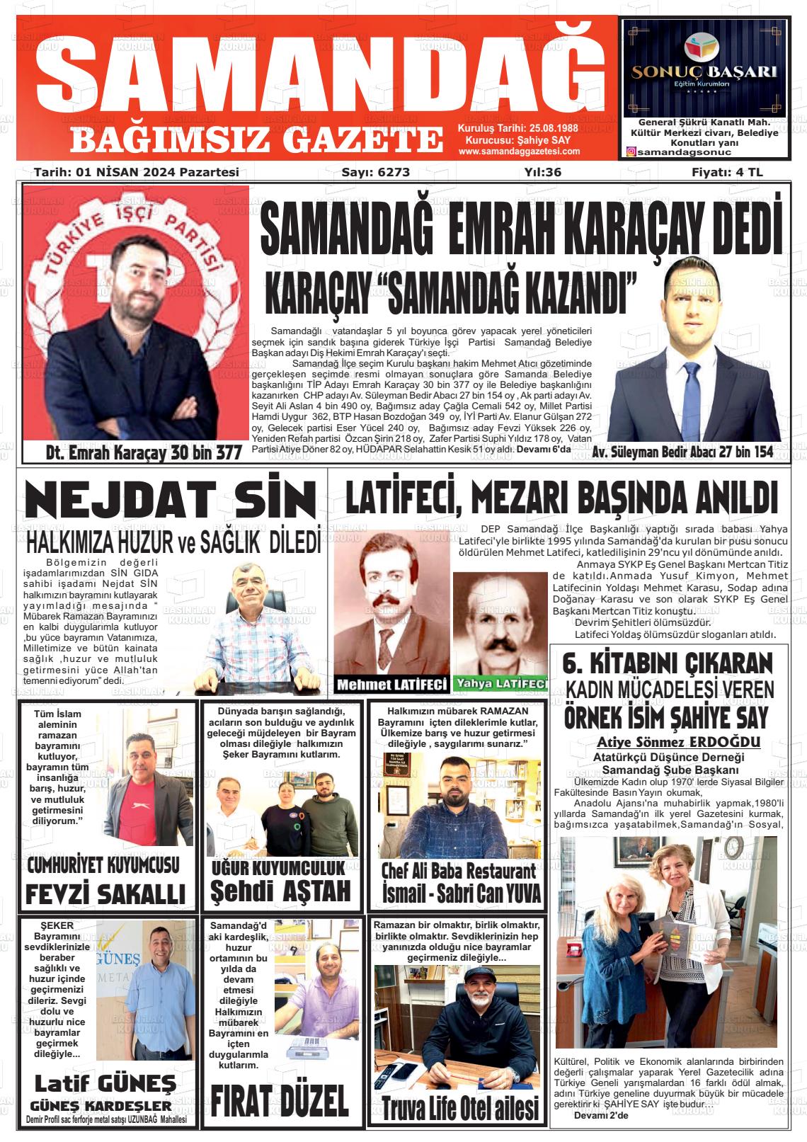 01 Nisan 2024 Samandağ Gazete Manşeti