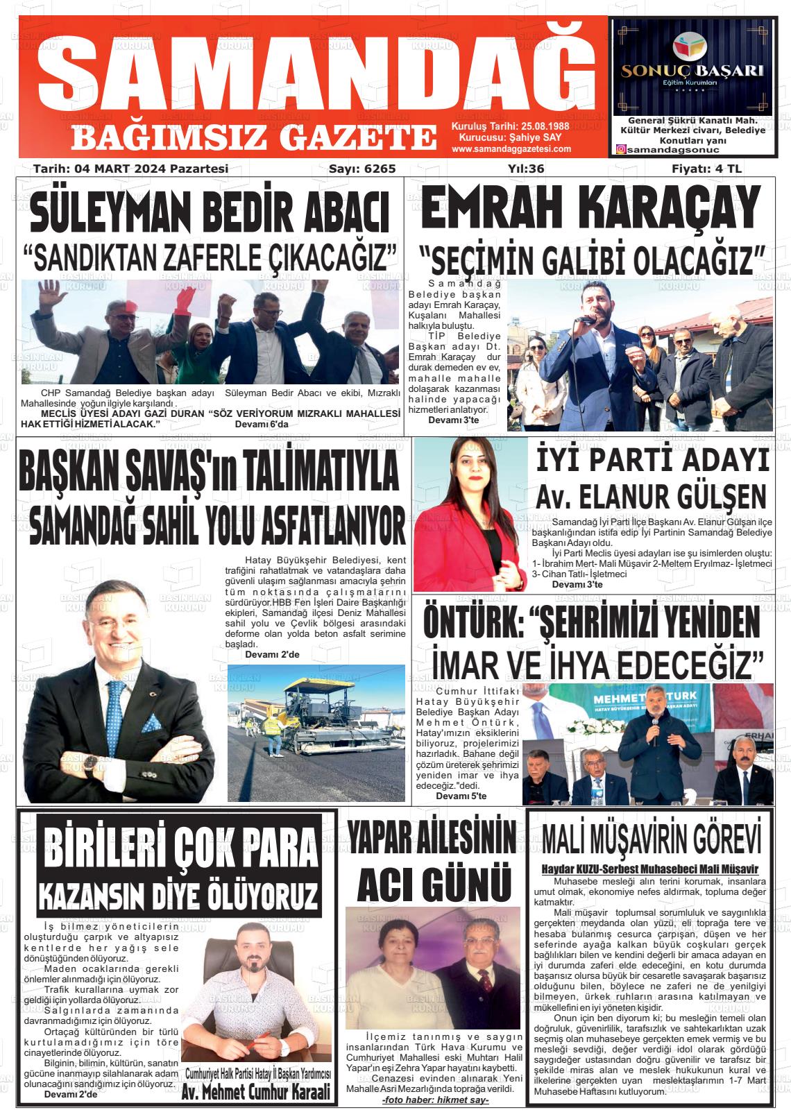 04 Mart 2024 Samandağ Gazete Manşeti