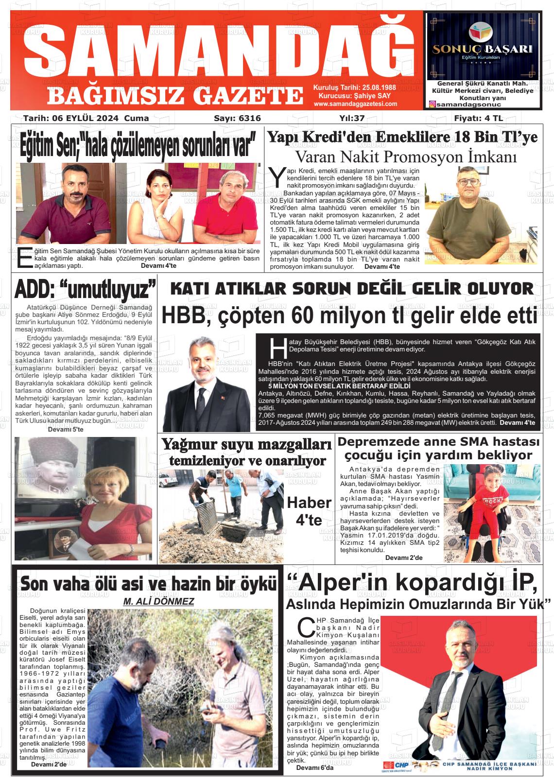 06 Eylül 2024 Samandağ Gazete Manşeti