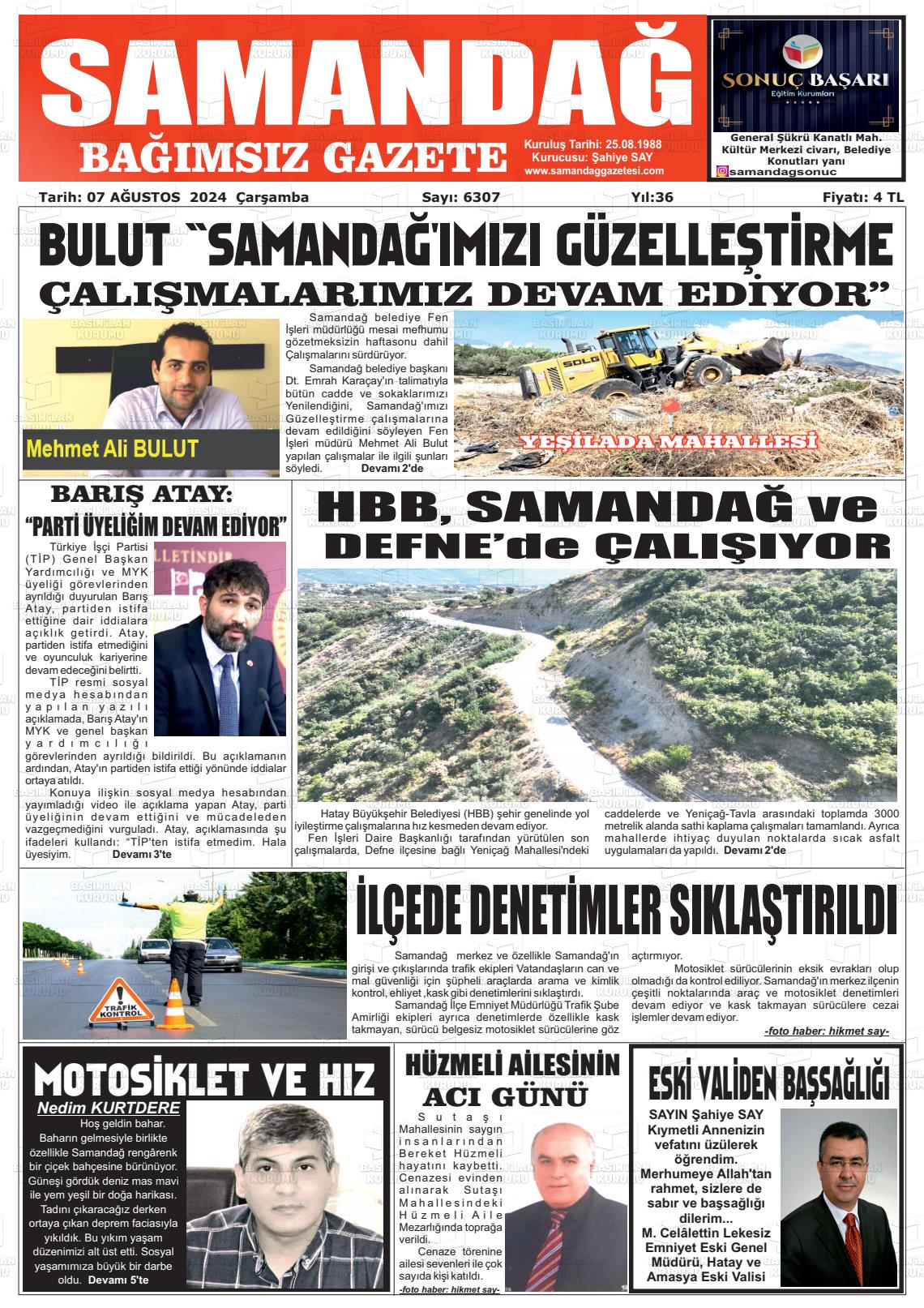 07 Ağustos 2024 Samandağ Gazete Manşeti