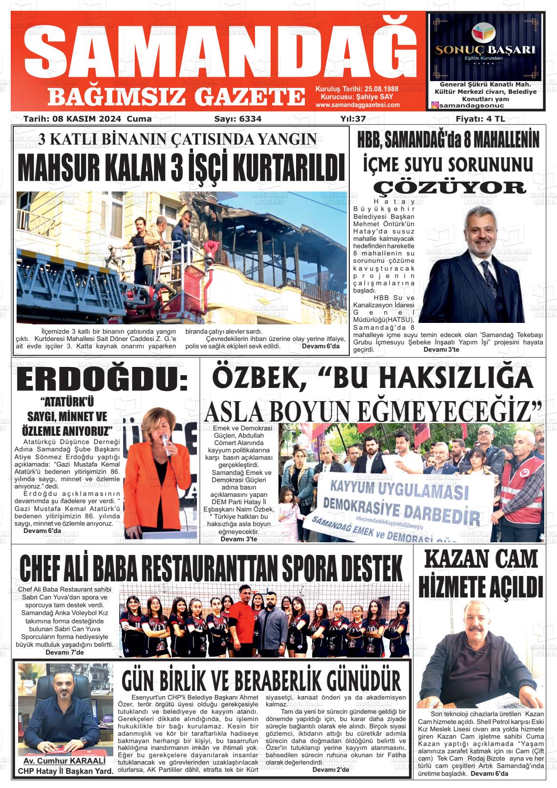 08 Kasım 2024 Samandağ Gazete Manşeti