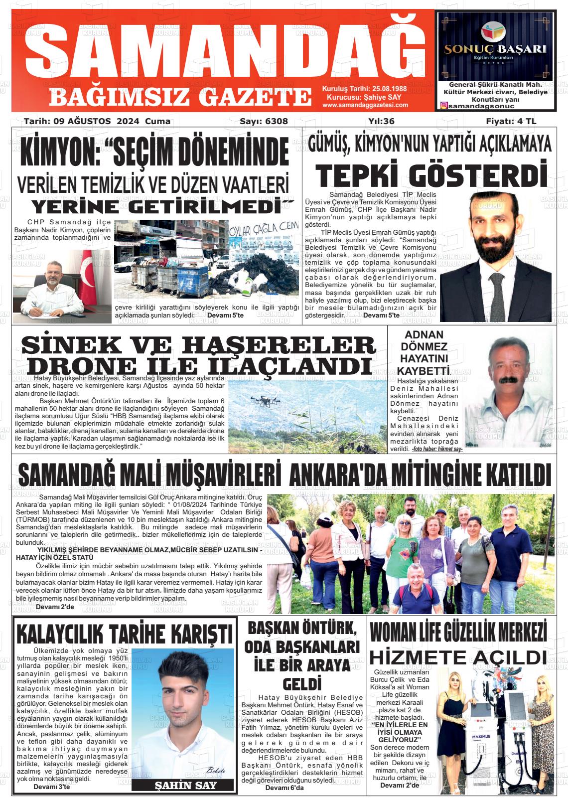 09 Ağustos 2024 Samandağ Gazete Manşeti