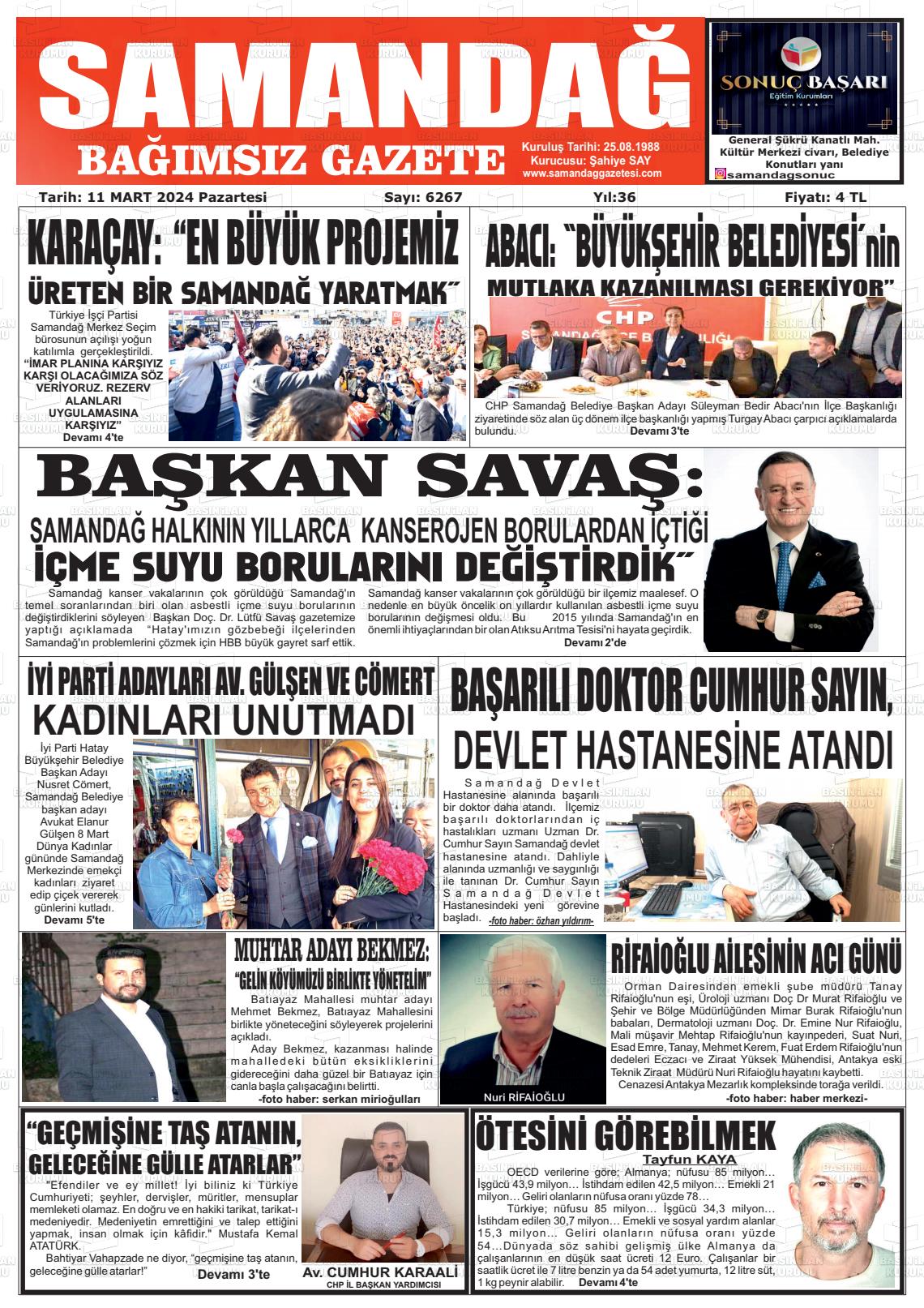 11 Mart 2024 Samandağ Gazete Manşeti