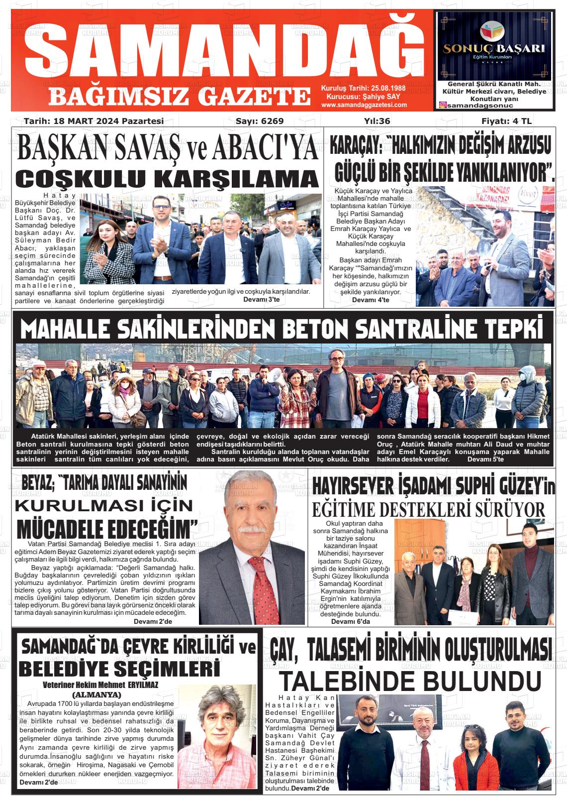 18 Mart 2024 Samandağ Gazete Manşeti