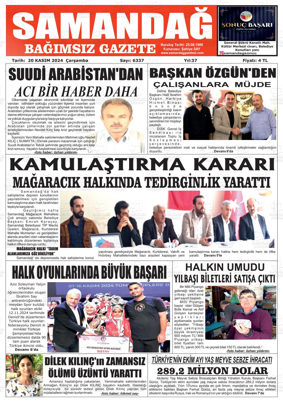 20 Kasım 2024 Samandağ Gazete Manşeti