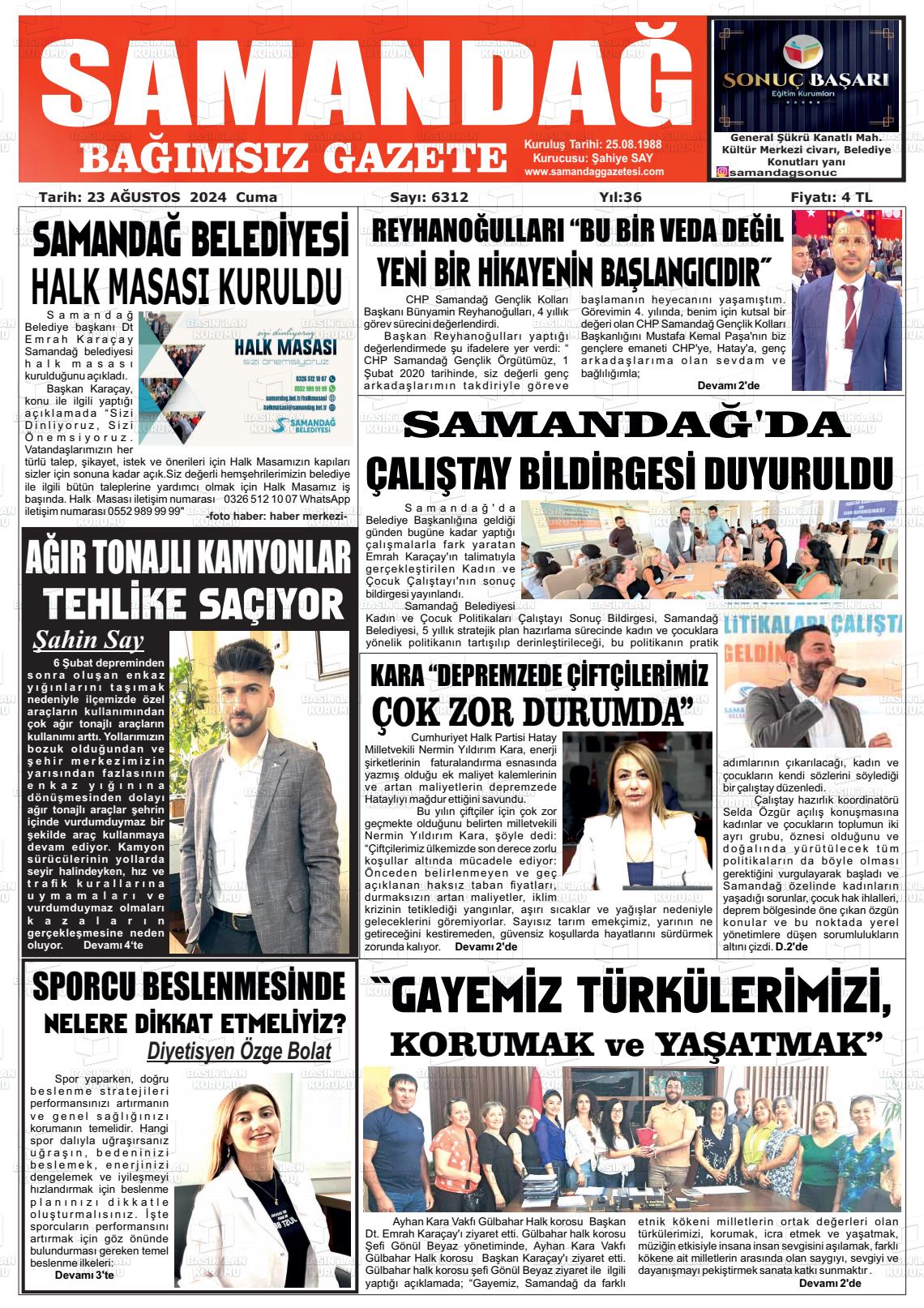 23 Ağustos 2024 Samandağ Gazete Manşeti