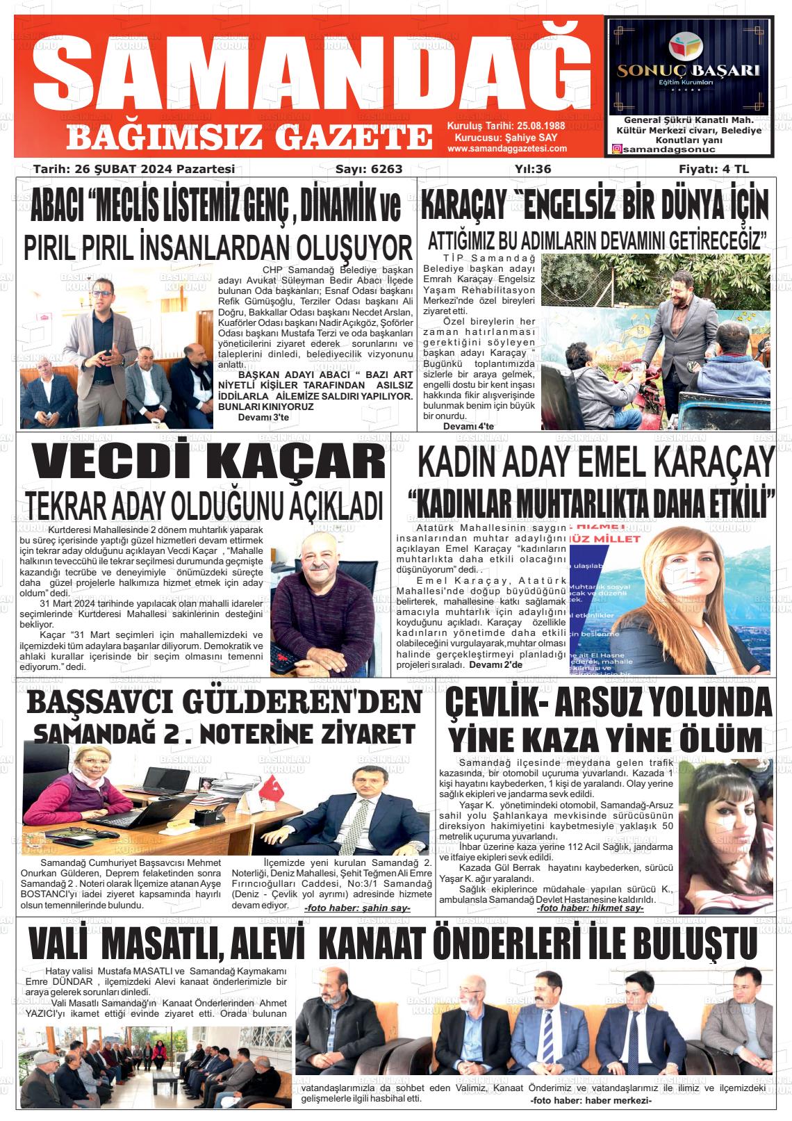 26 Şubat 2024 Samandağ Gazete Manşeti