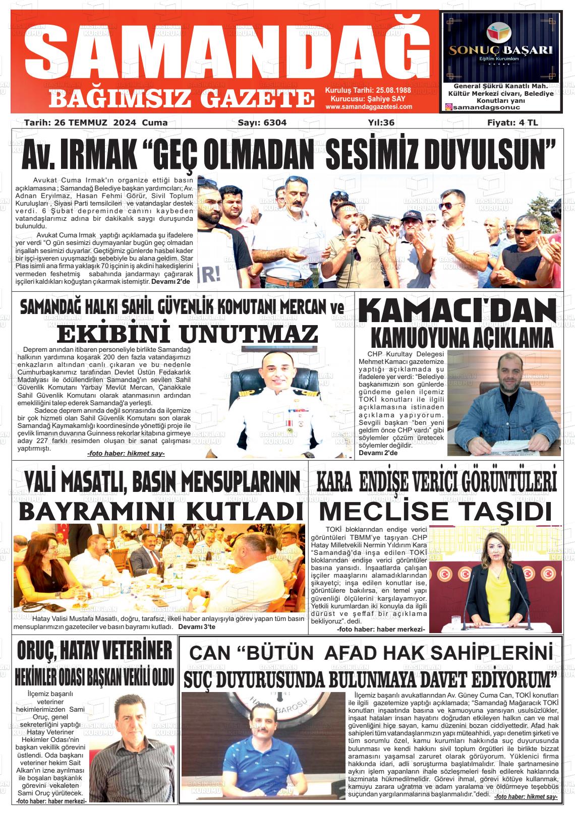 27 Temmuz 2024 Samandağ Gazete Manşeti