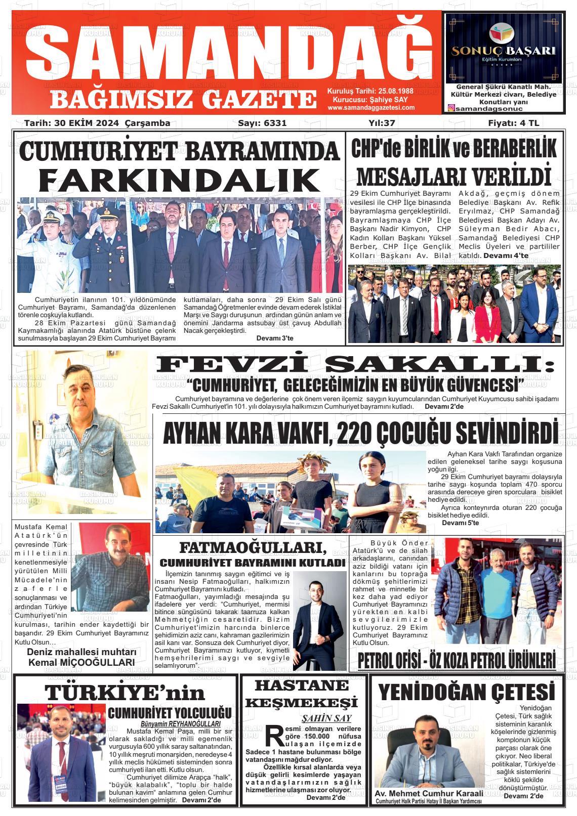 30 Ekim 2024 Samandağ Gazete Manşeti