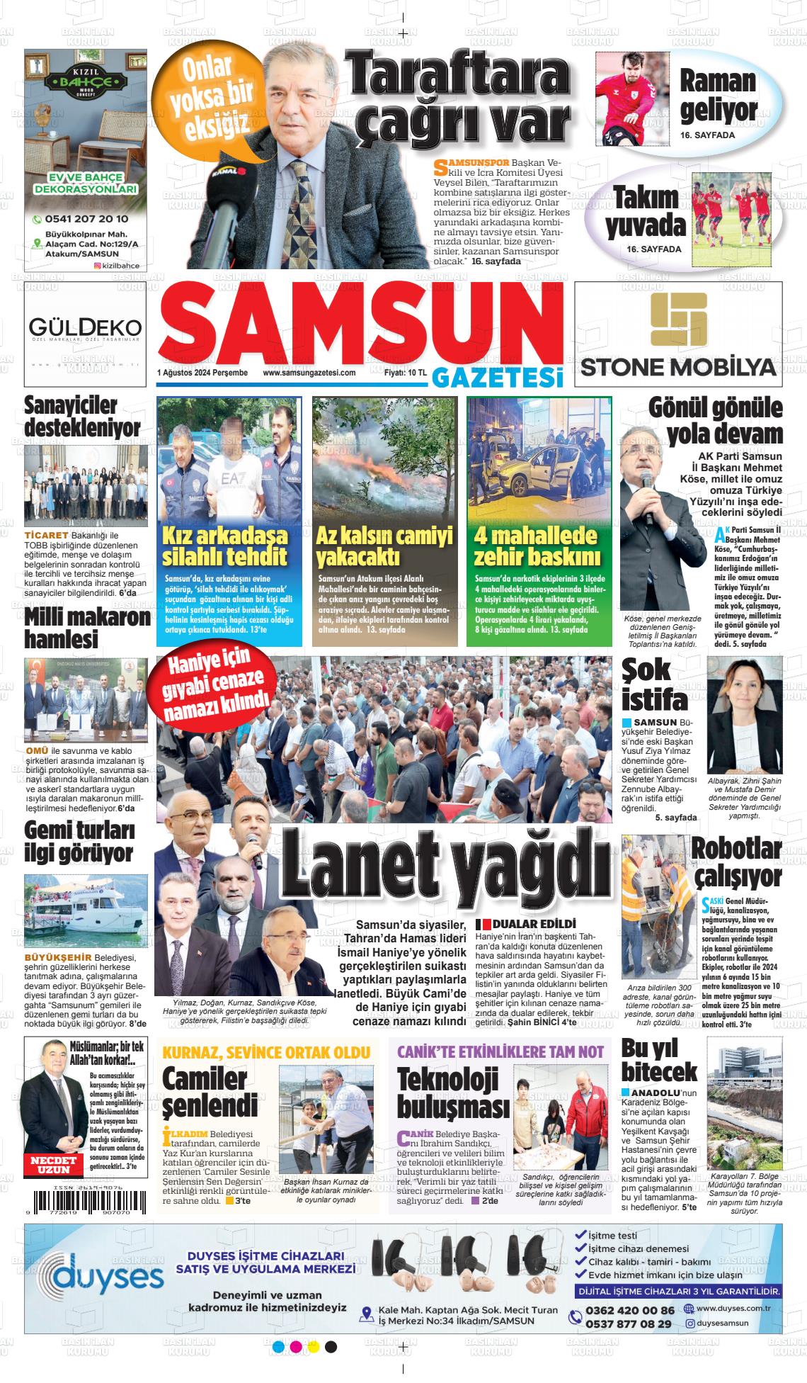 01 Ağustos 2024 Samsun Gazete Manşeti