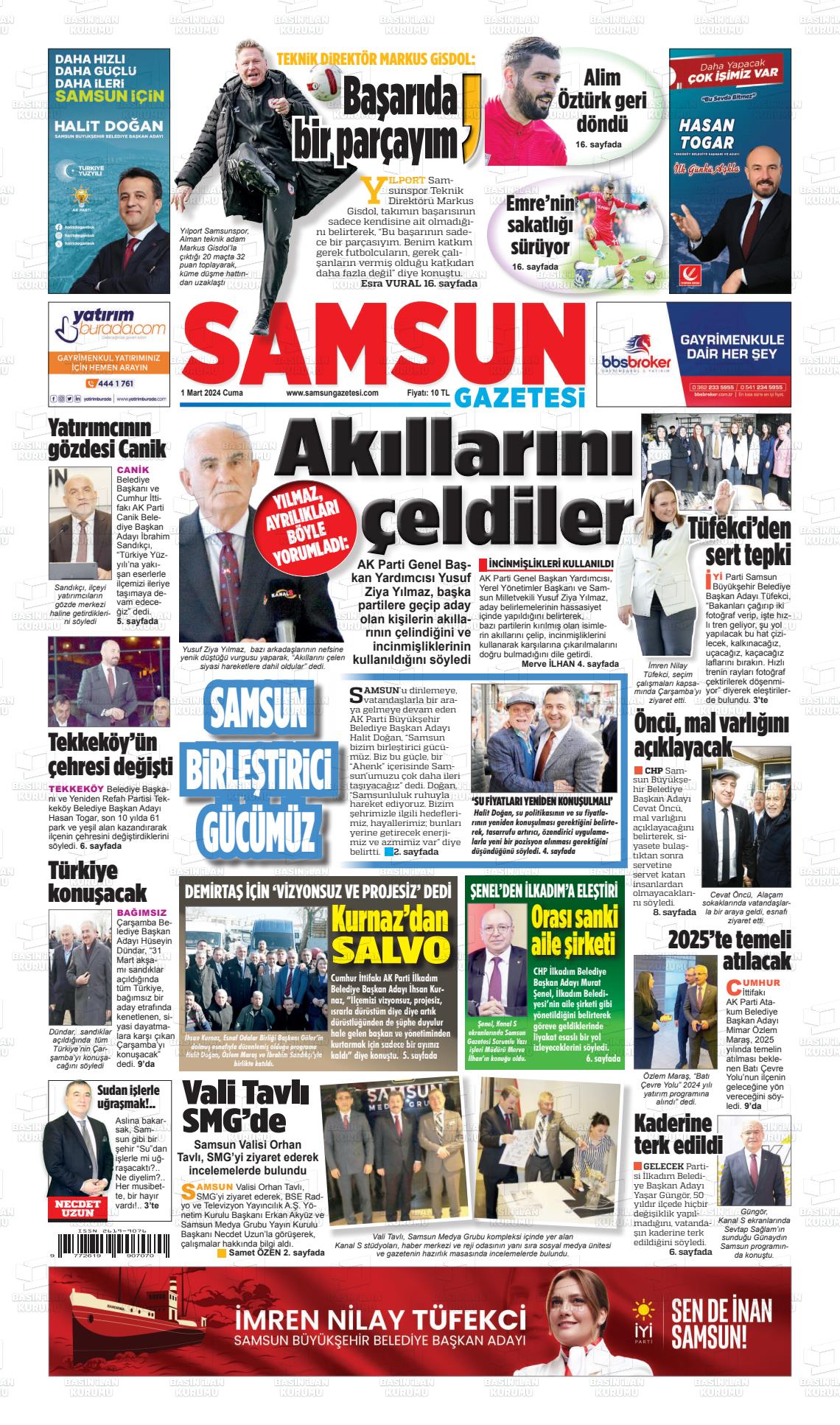 01 Mart 2024 Samsun Gazete Manşeti