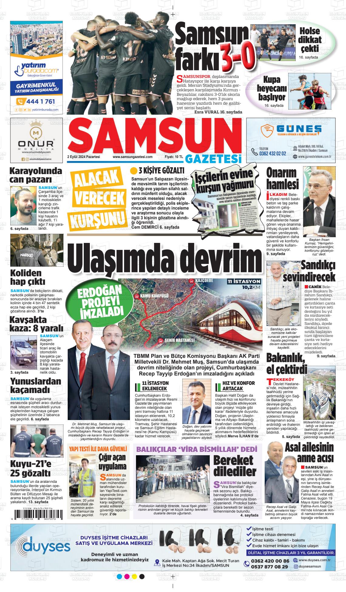 02 Eylül 2024 Samsun Gazete Manşeti