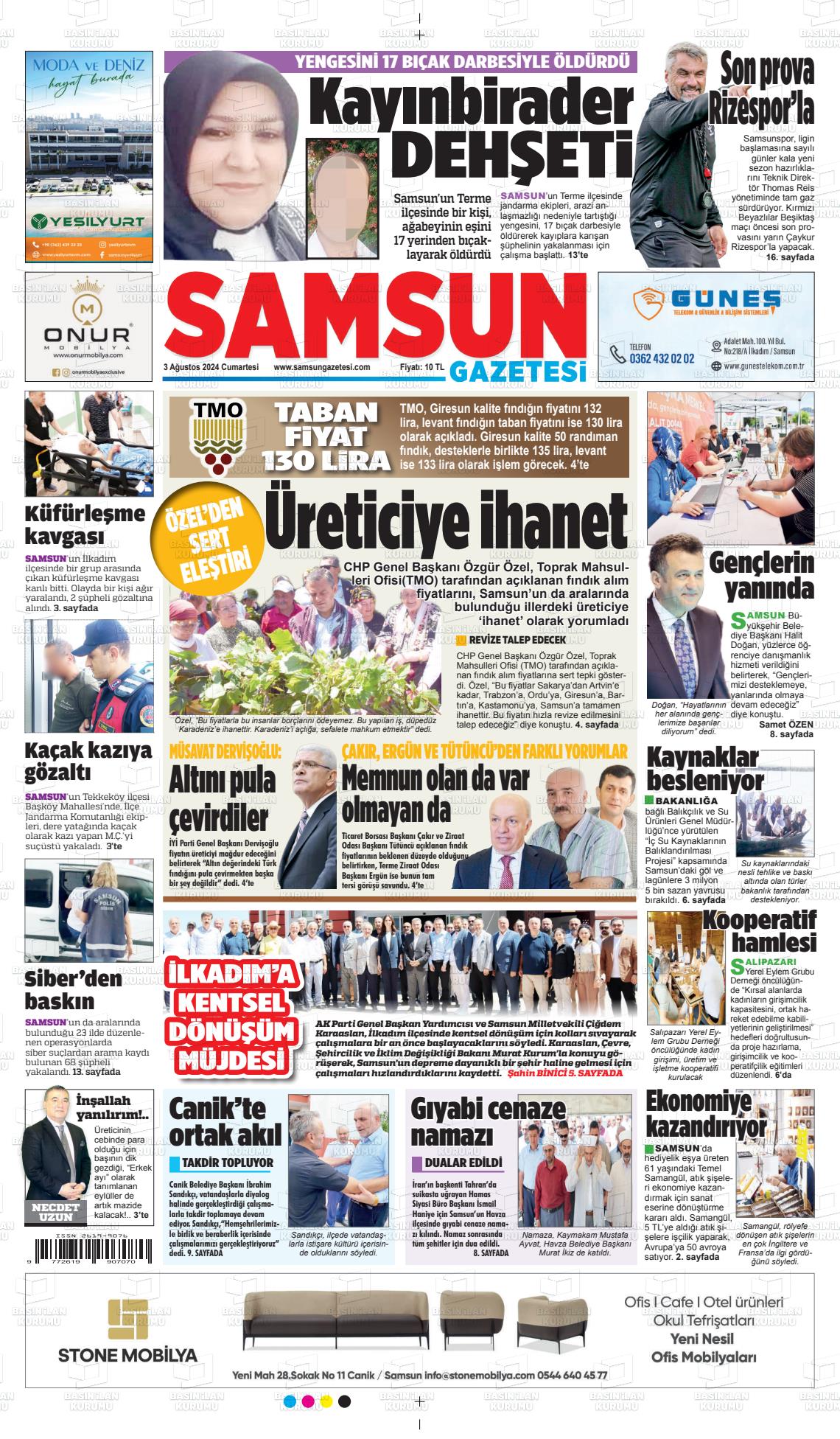 03 Ağustos 2024 Samsun Gazete Manşeti