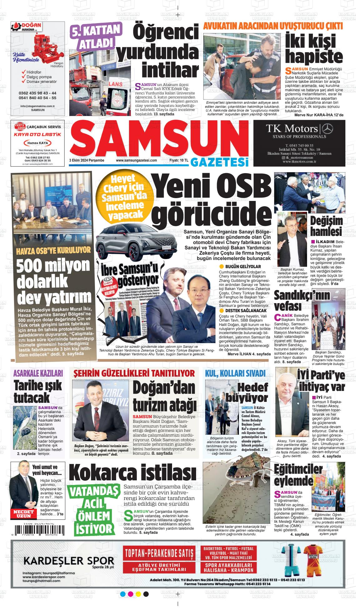 03 Ekim 2024 Samsun Gazete Manşeti