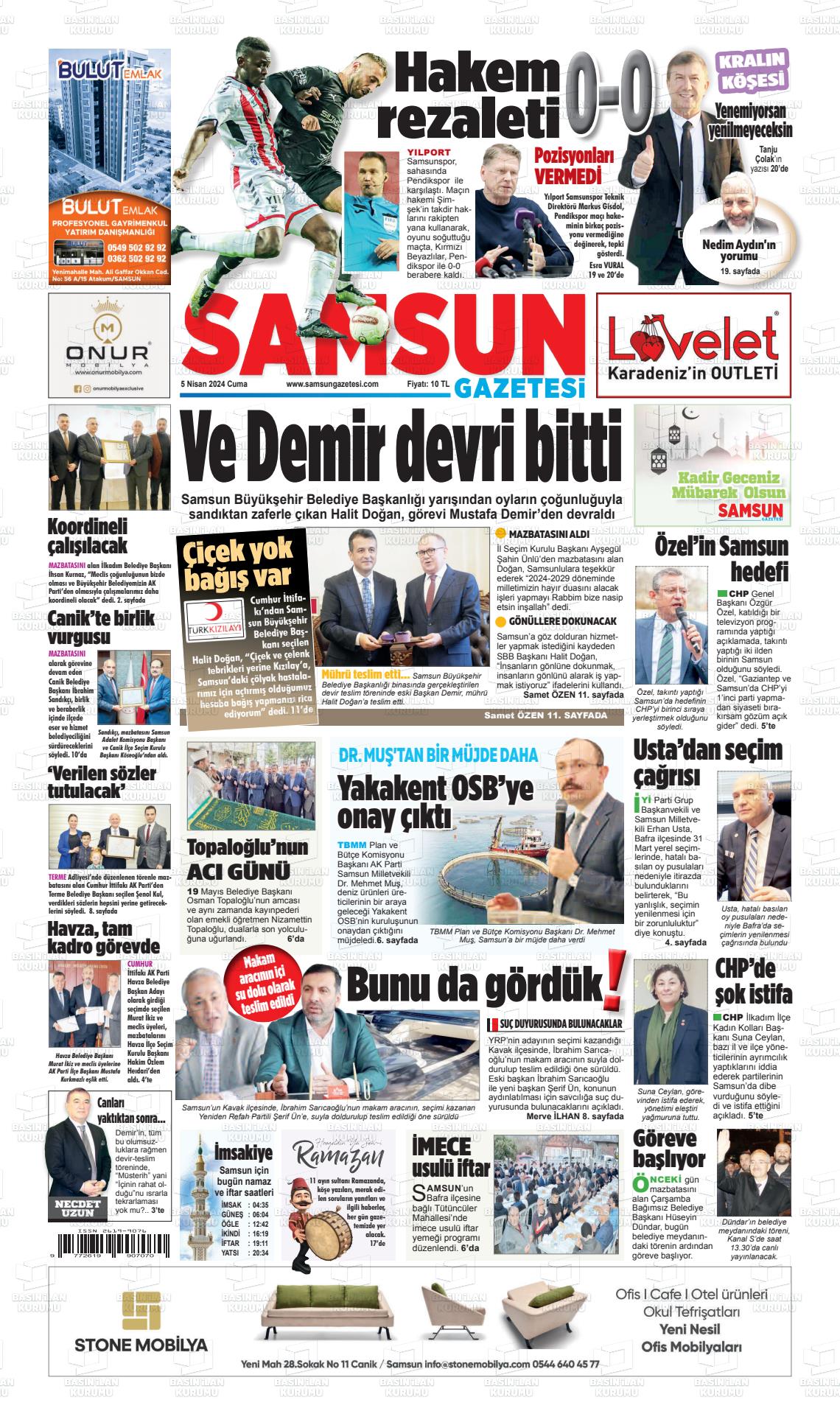 05 Nisan 2024 Samsun Gazete Manşeti