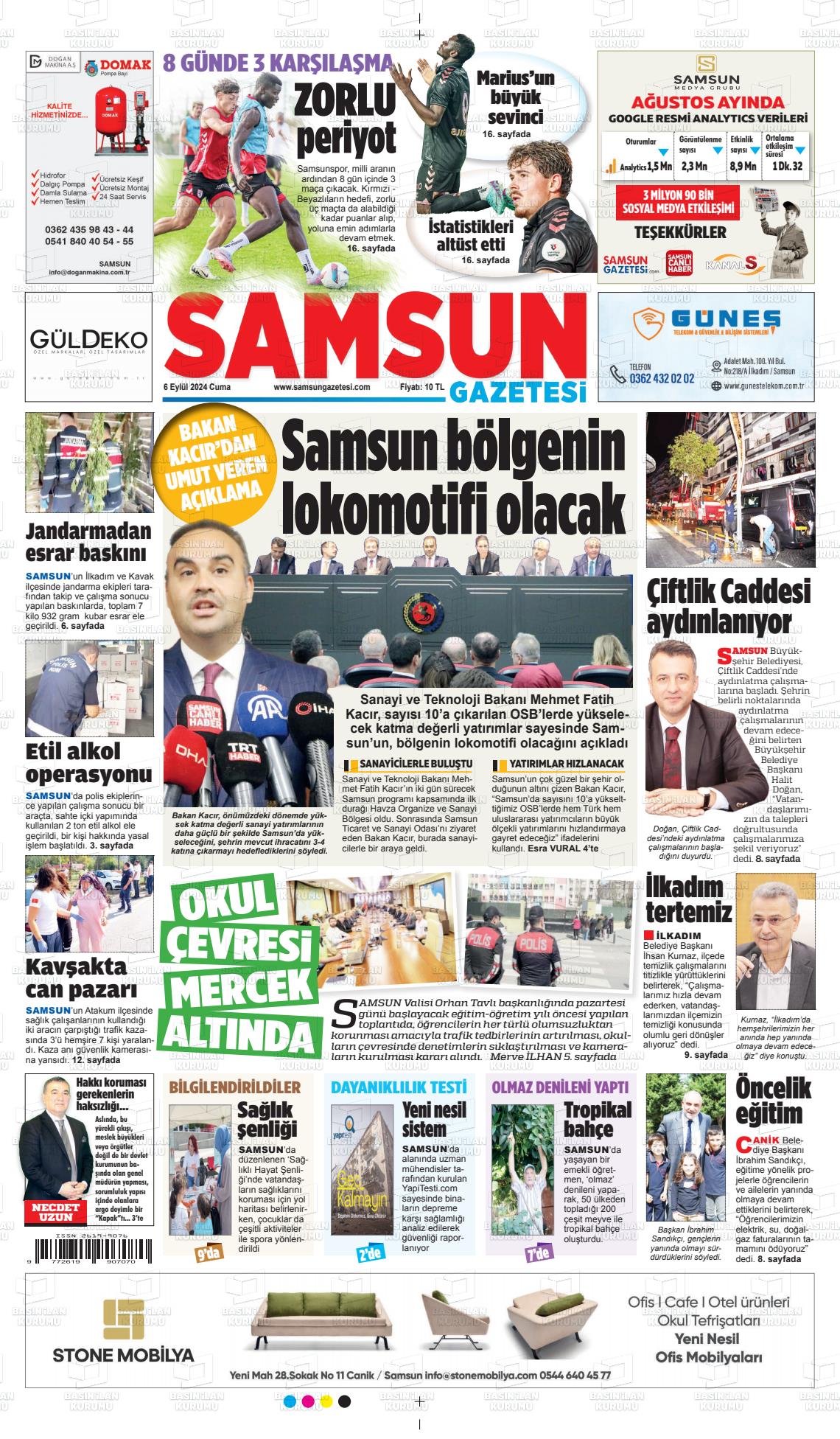 06 Eylül 2024 Samsun Gazete Manşeti