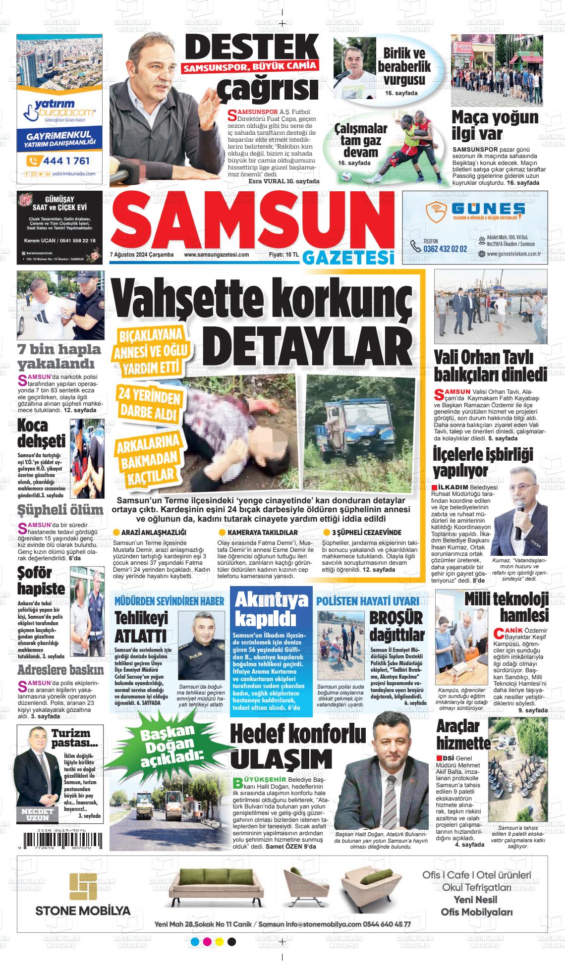 07 Ağustos 2024 Samsun Gazete Manşeti