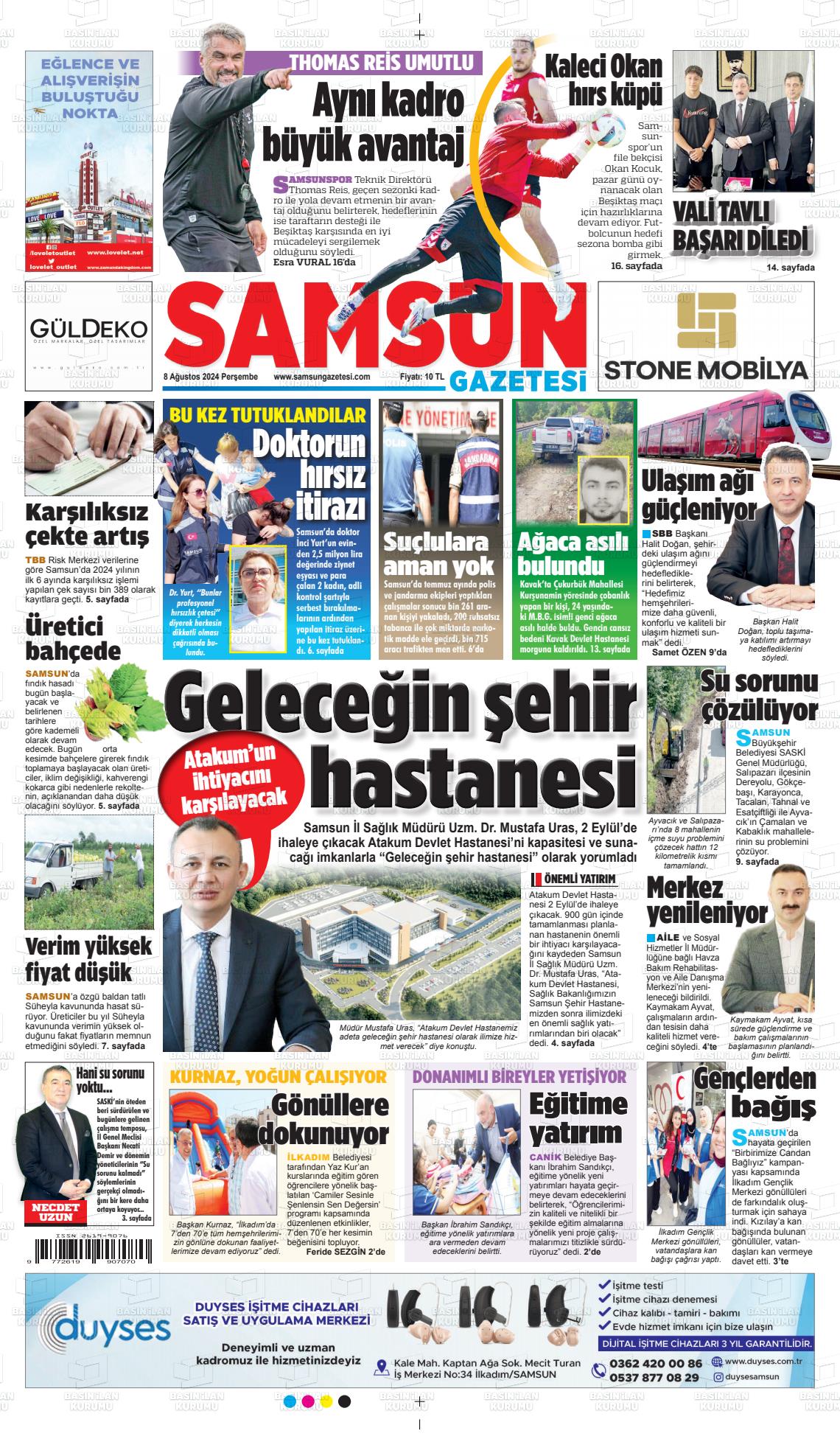 08 Ağustos 2024 Samsun Gazete Manşeti