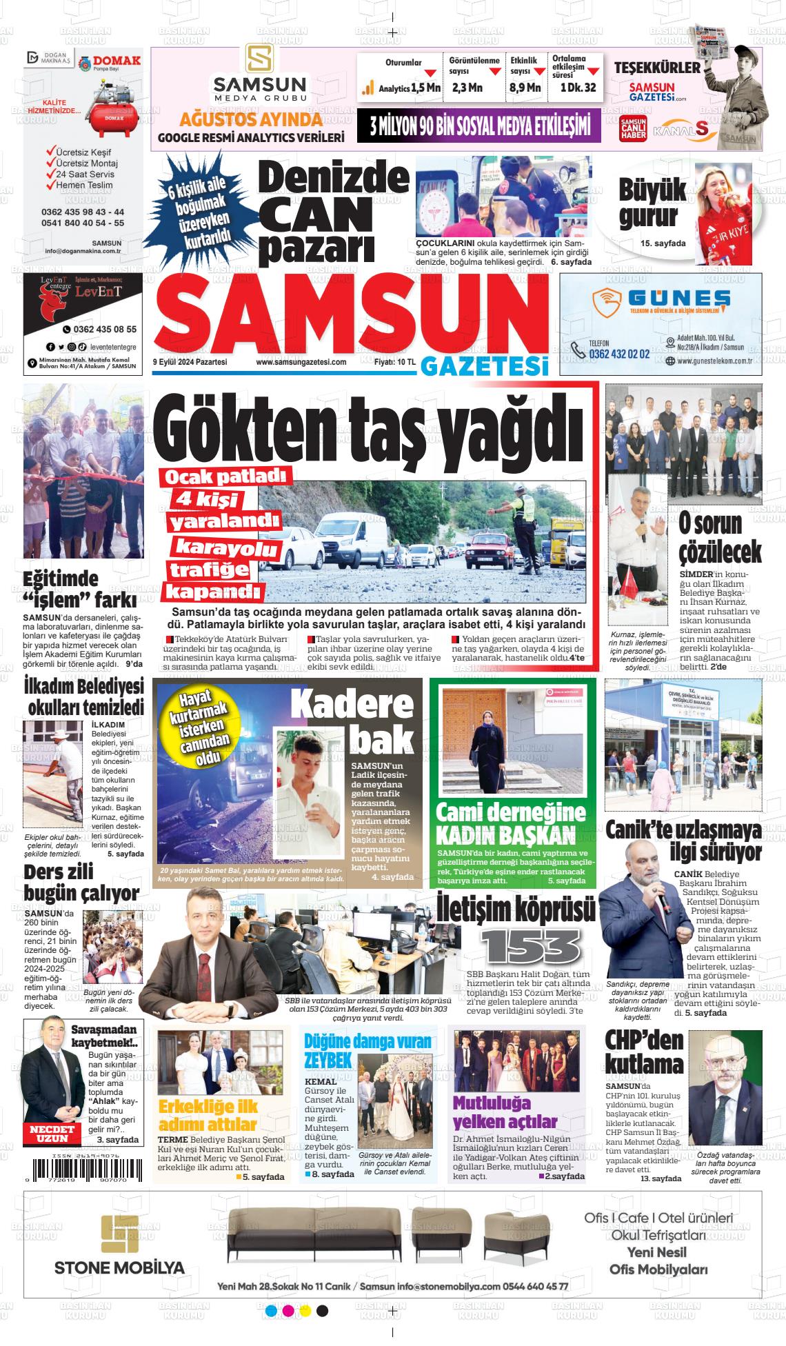 09 Eylül 2024 Samsun Gazete Manşeti