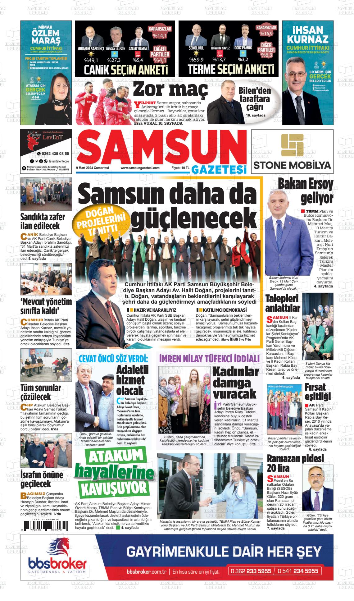 09 Mart 2024 Samsun Gazete Manşeti