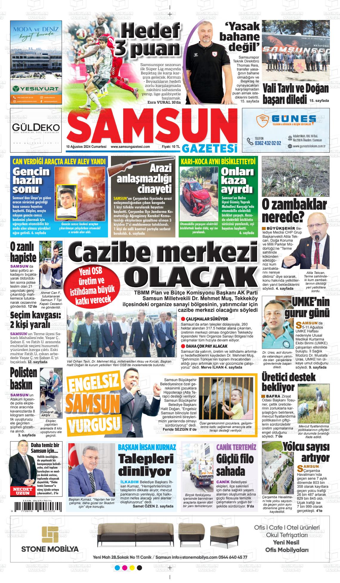 10 Ağustos 2024 Samsun Gazete Manşeti