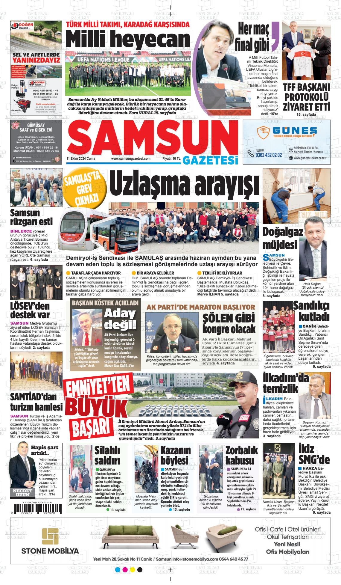 11 Ekim 2024 Samsun Gazete Manşeti