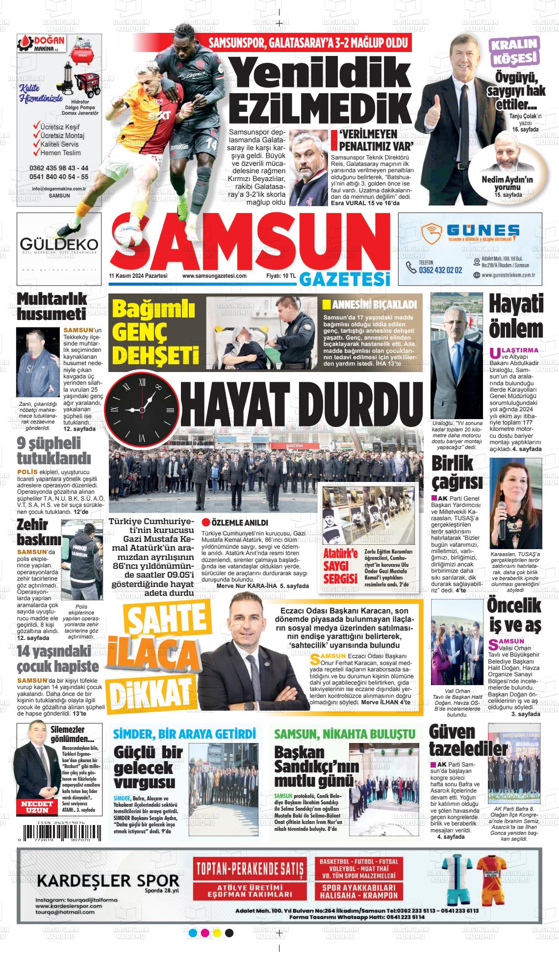 11 Kasım 2024 Samsun Gazete Manşeti