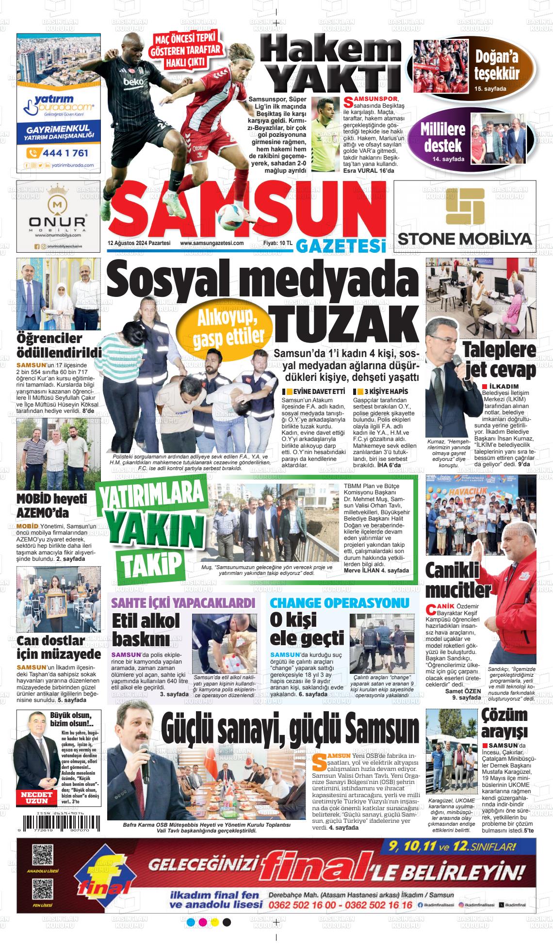 12 Ağustos 2024 Samsun Gazete Manşeti