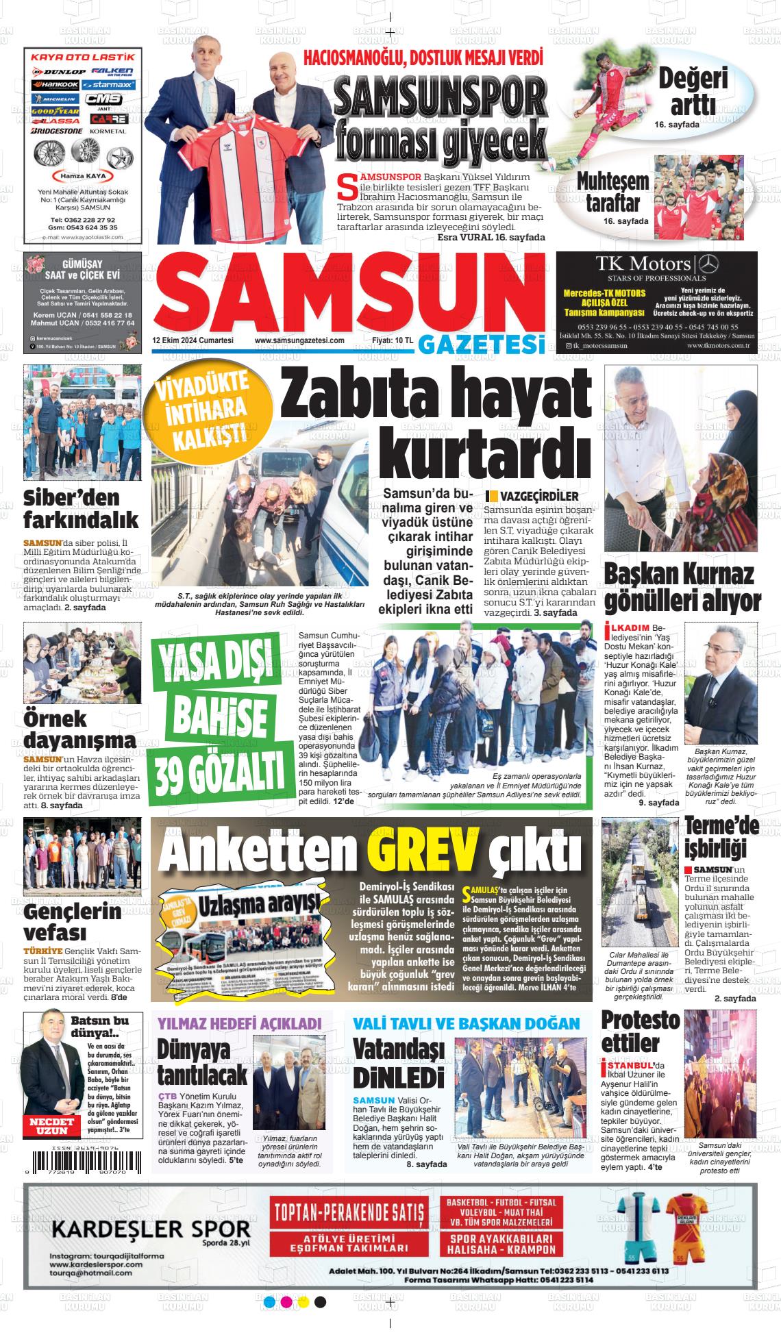 12 Ekim 2024 Samsun Gazete Manşeti