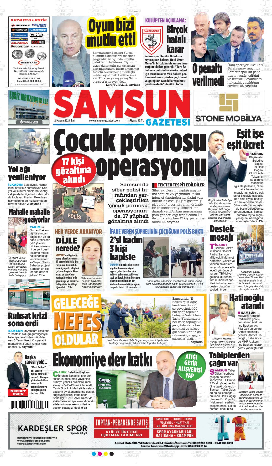 12 Kasım 2024 Samsun Gazete Manşeti