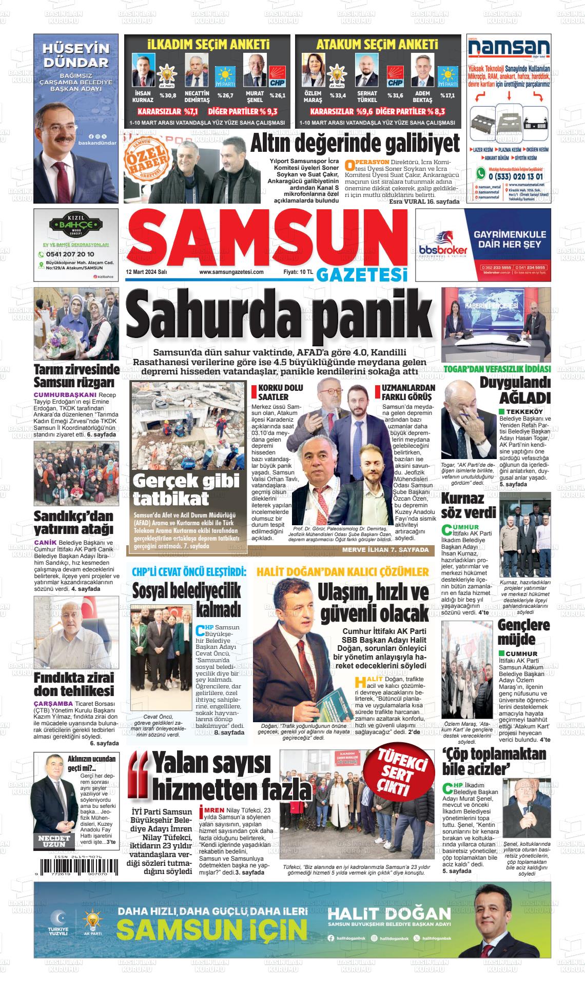 12 Mart 2024 Samsun Gazete Manşeti