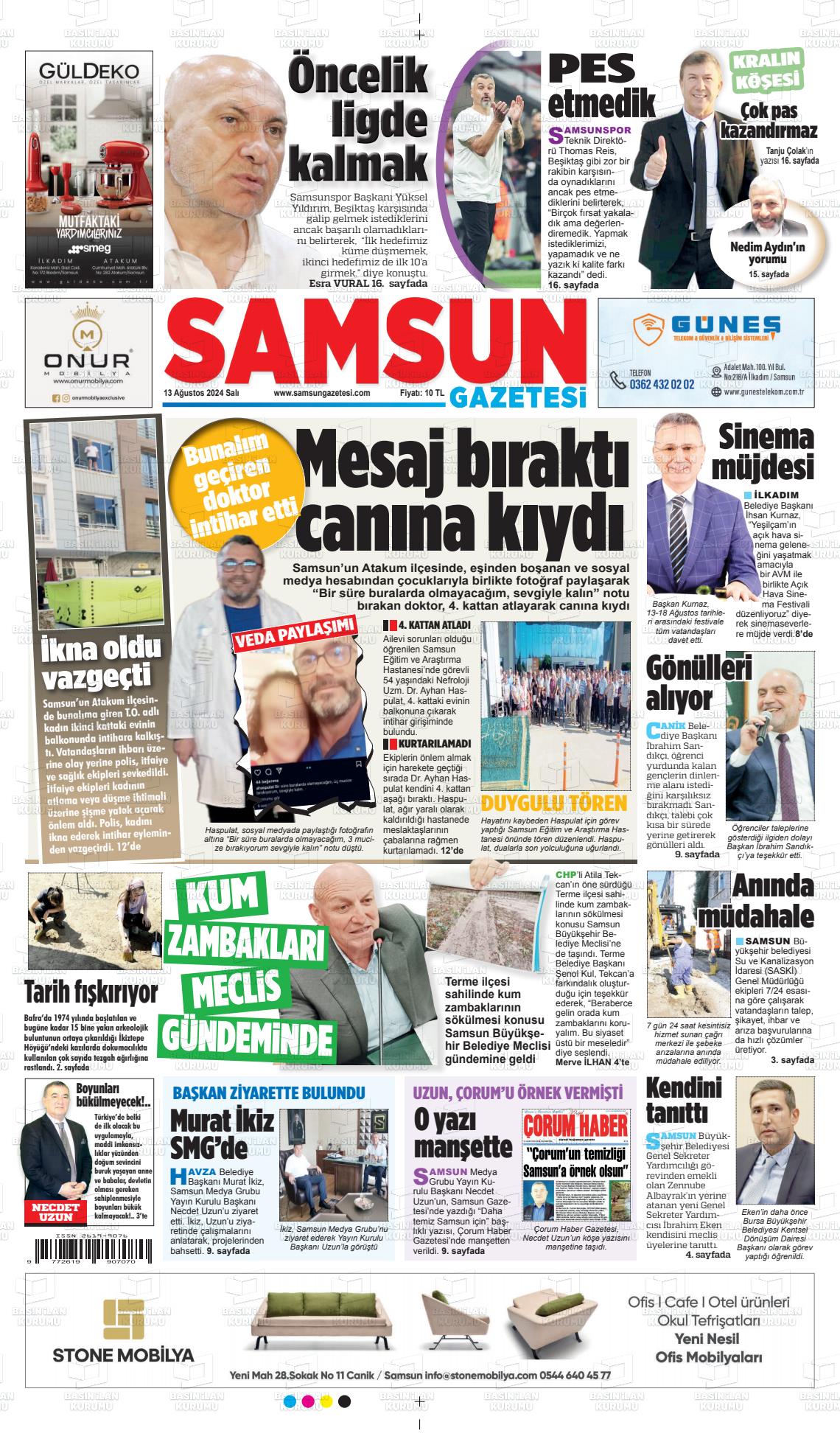 13 Ağustos 2024 Samsun Gazete Manşeti