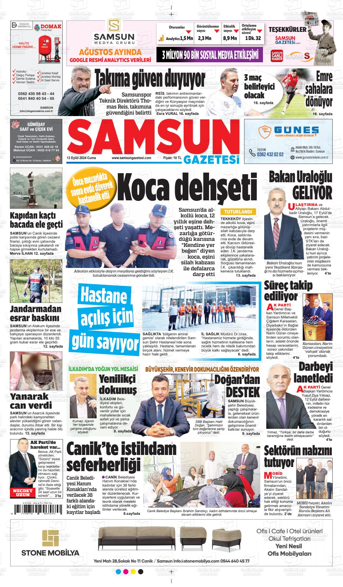 13 Eylül 2024 Samsun Gazete Manşeti