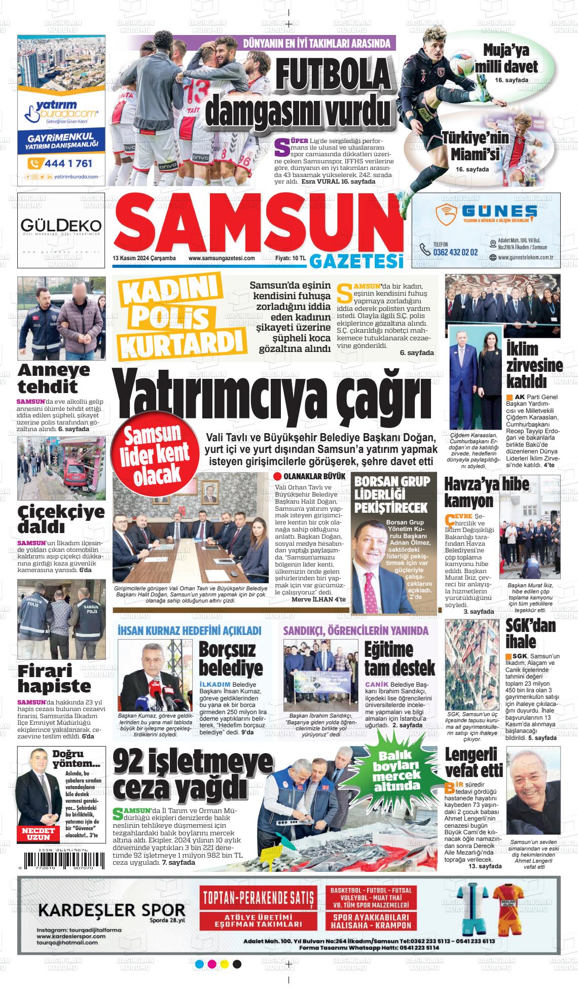 13 Kasım 2024 Samsun Gazete Manşeti