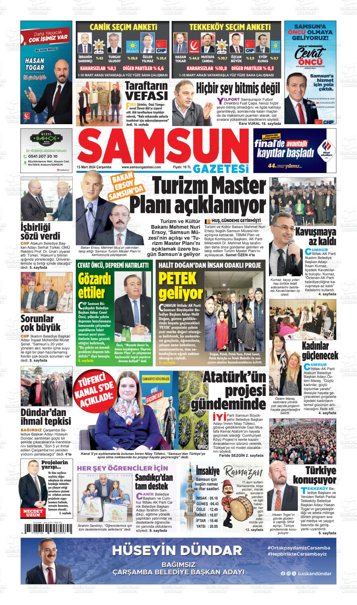 13 Mart 2024 Samsun Gazete Manşeti