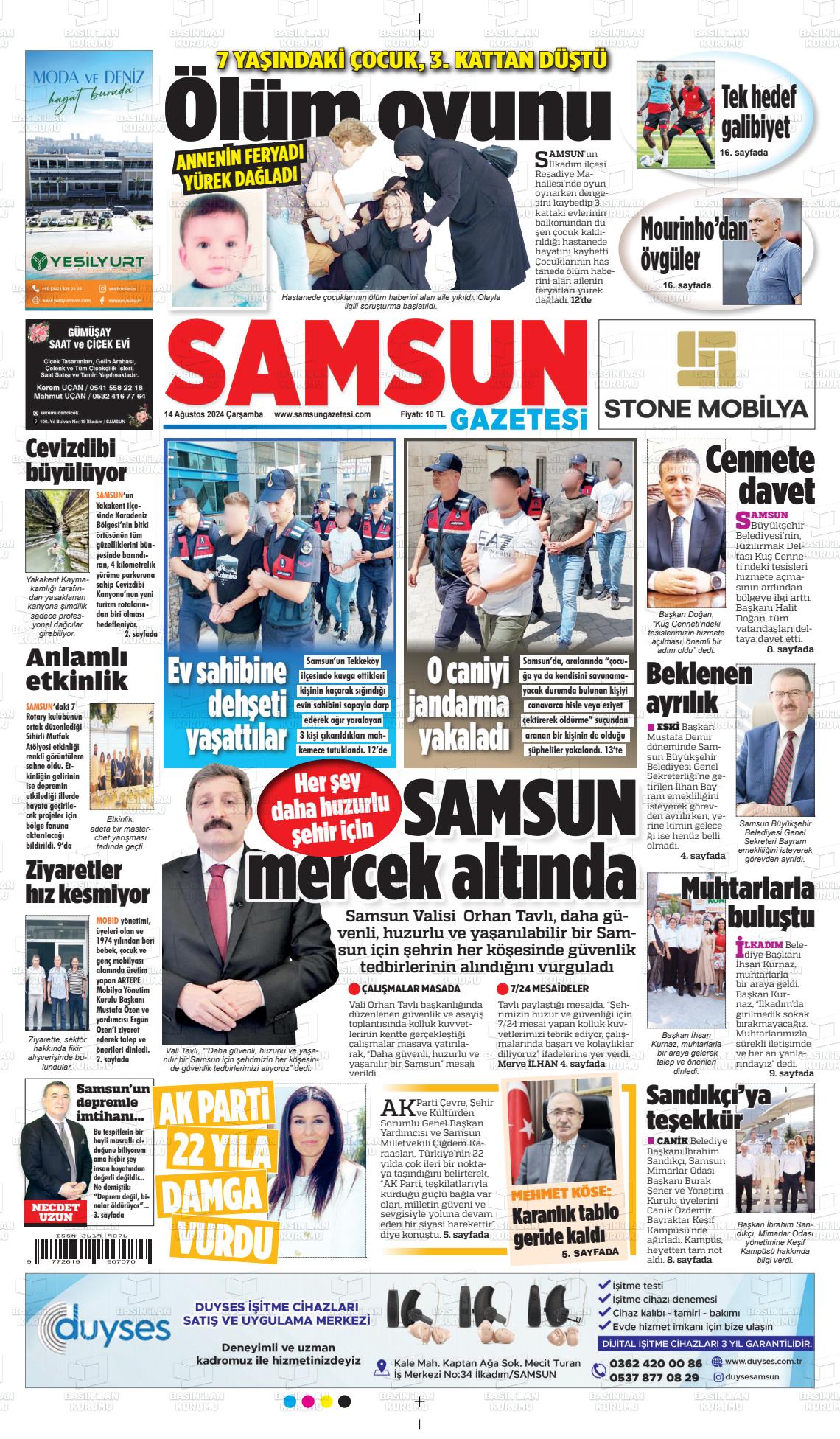 14 Ağustos 2024 Samsun Gazete Manşeti