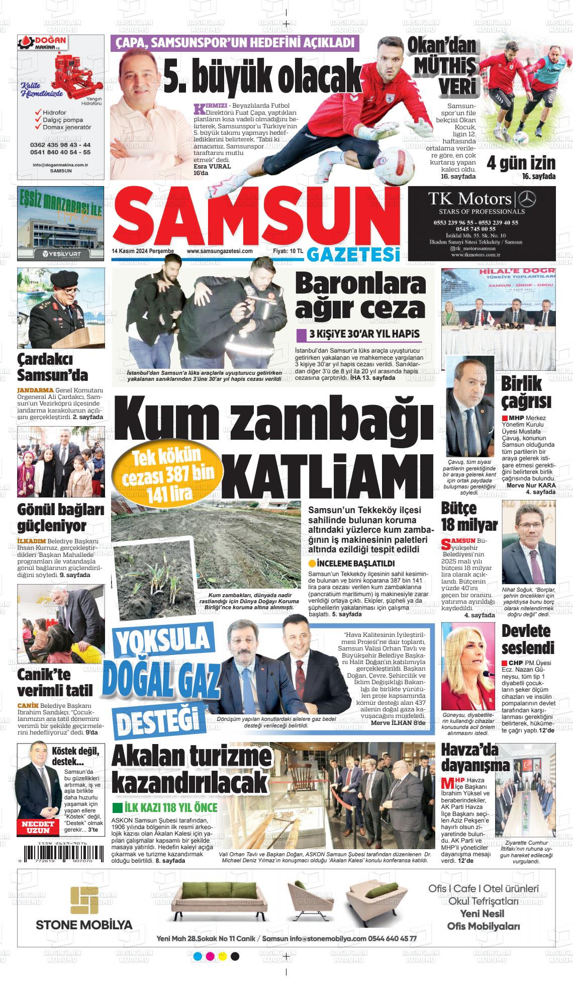 14 Kasım 2024 Samsun Gazete Manşeti