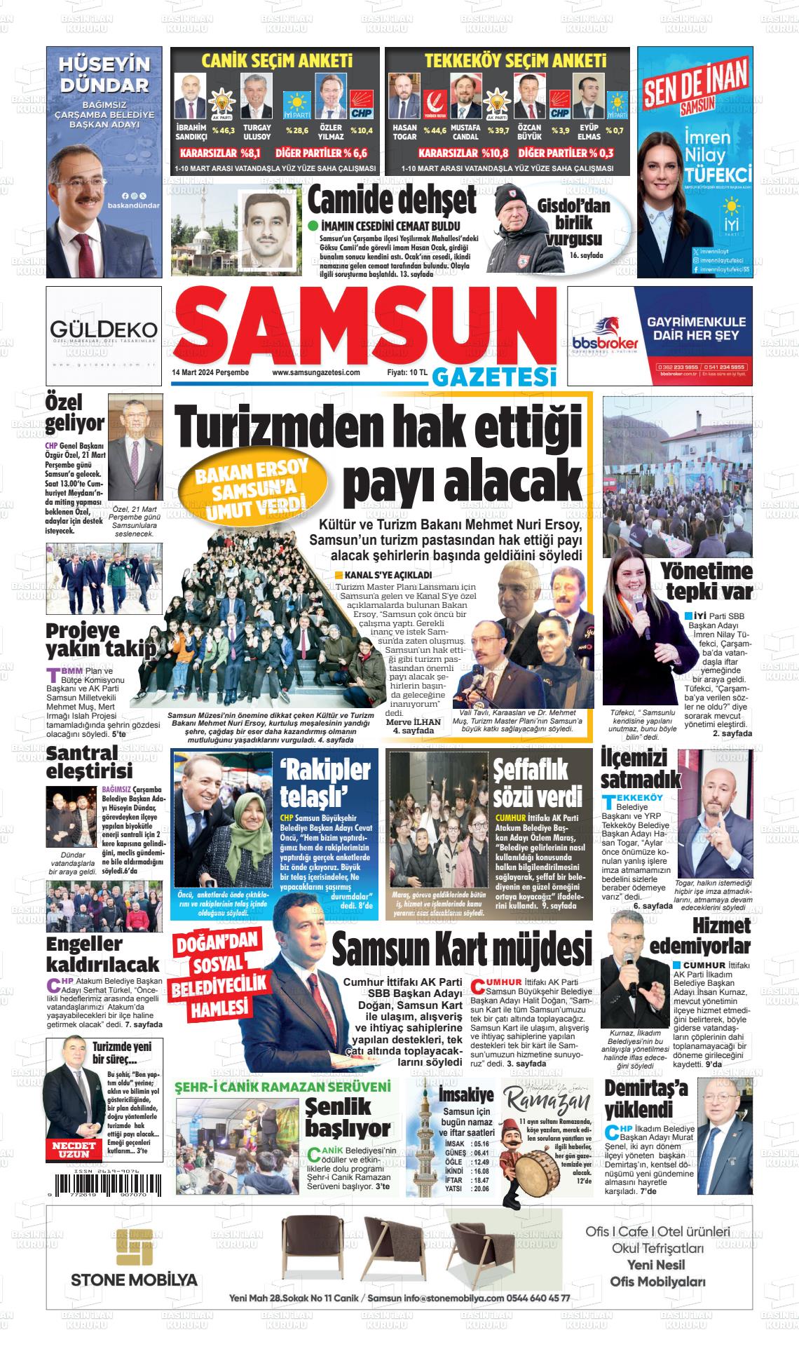 14 Mart 2024 Samsun Gazete Manşeti