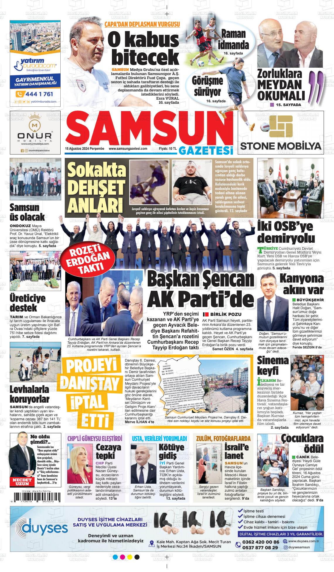 15 Ağustos 2024 Samsun Gazete Manşeti