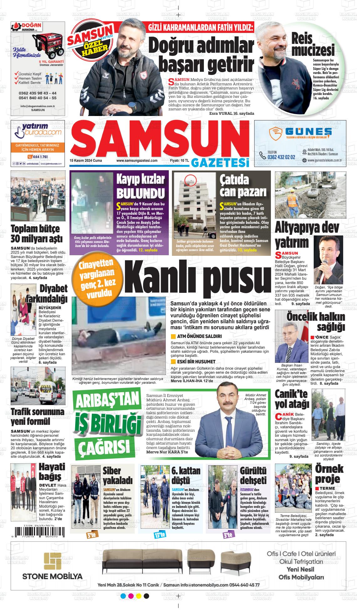 15 Kasım 2024 Samsun Gazete Manşeti