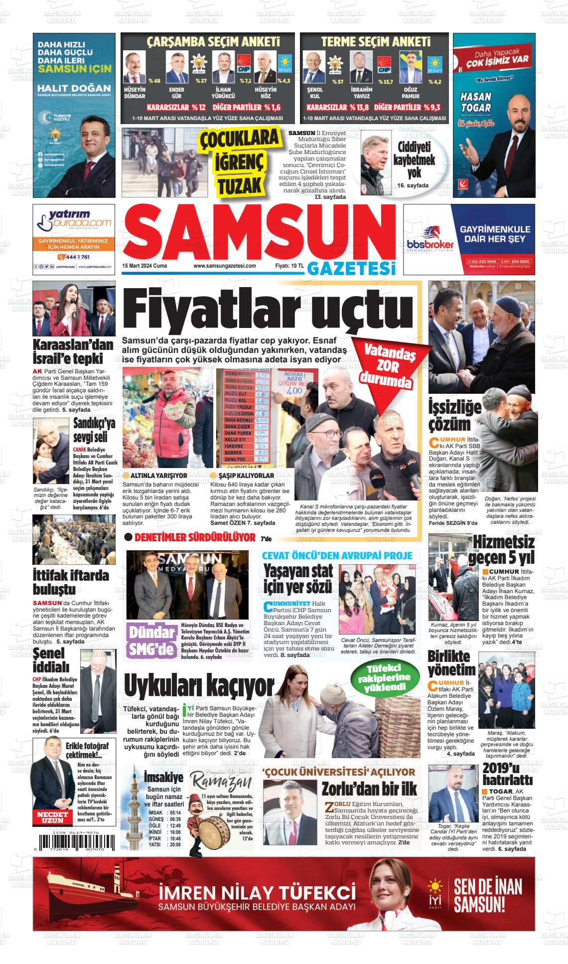 15 Mart 2024 Samsun Gazete Manşeti