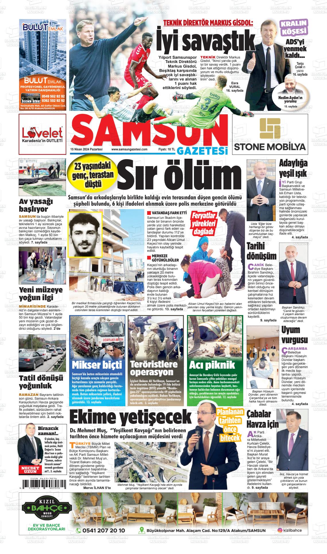 15 Nisan 2024 Samsun Gazete Manşeti