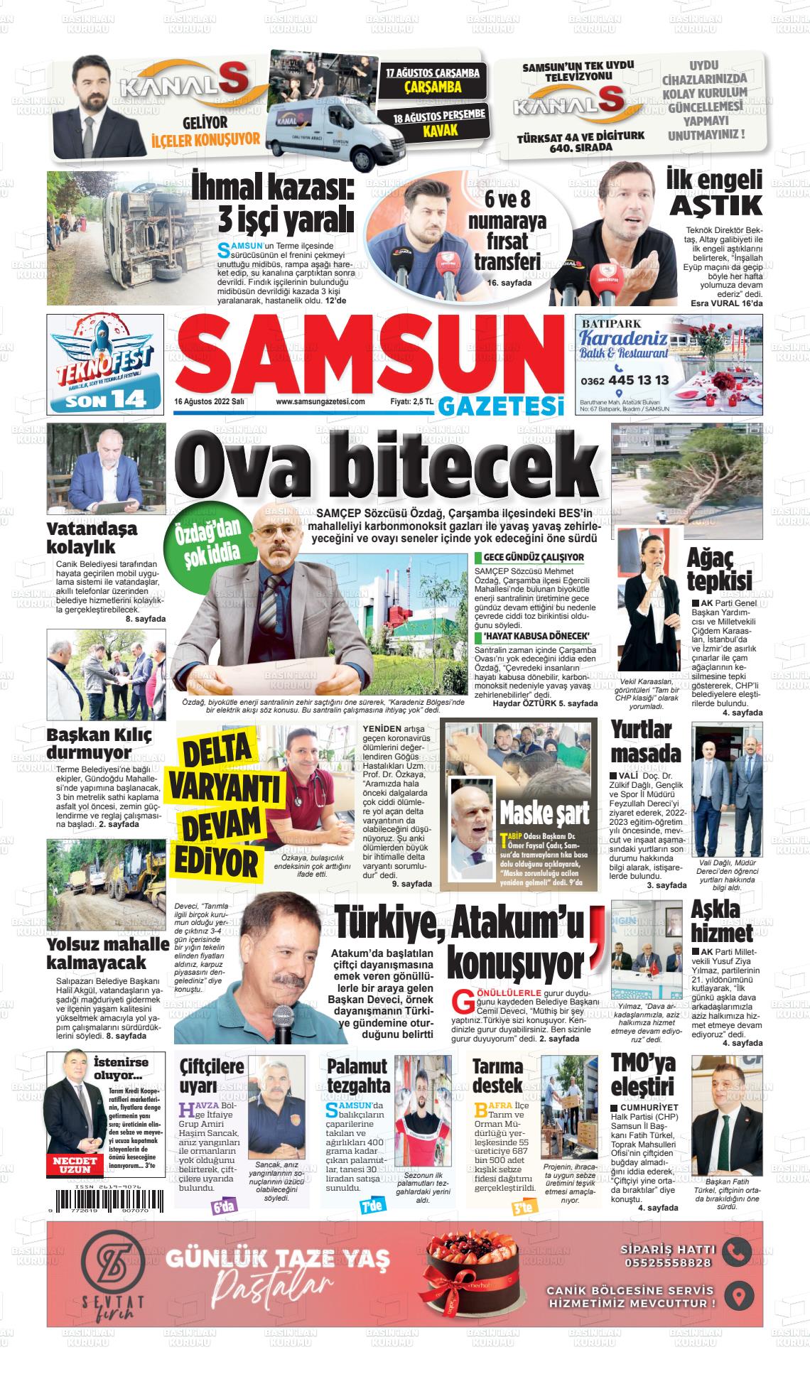 16 Ağustos 2022 Samsun Gazete Manşeti