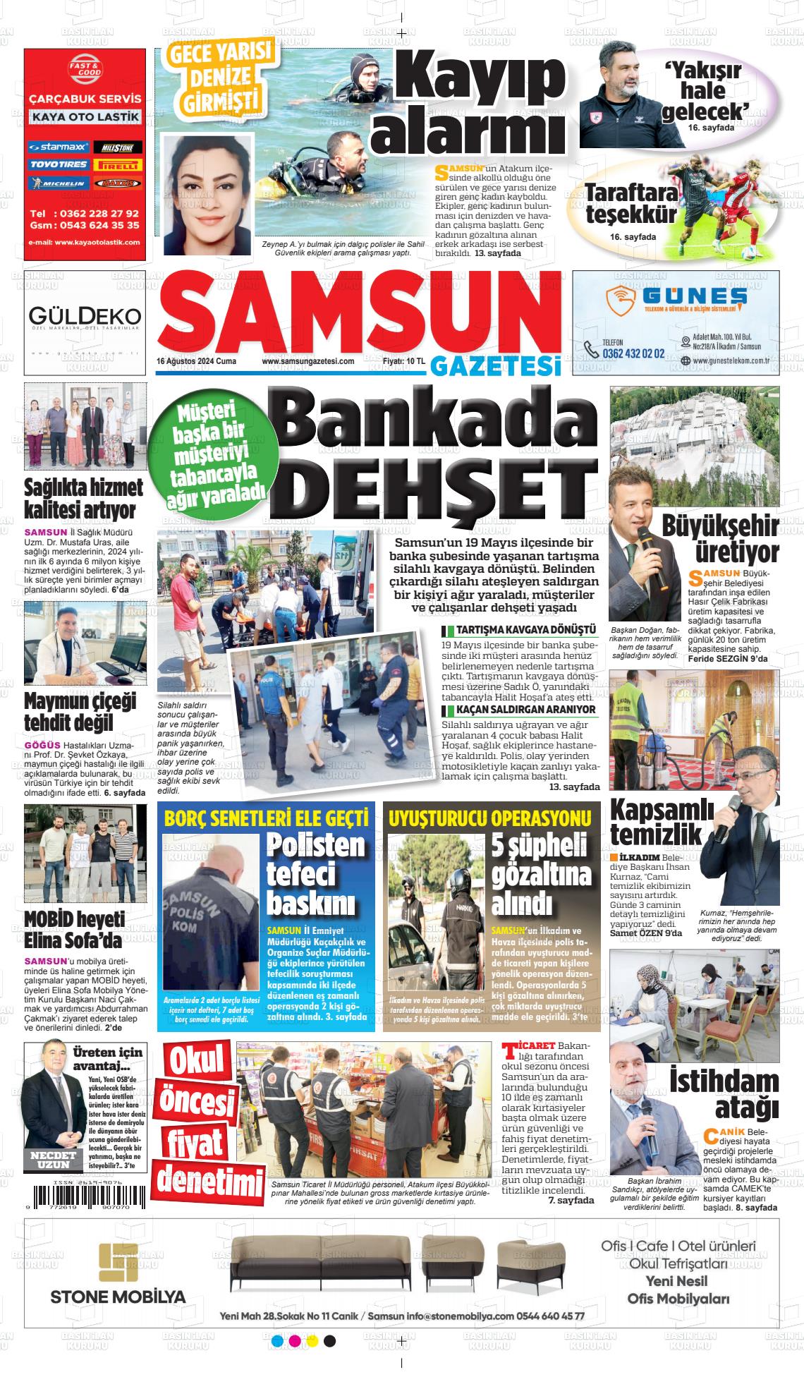 16 Ağustos 2024 Samsun Gazete Manşeti