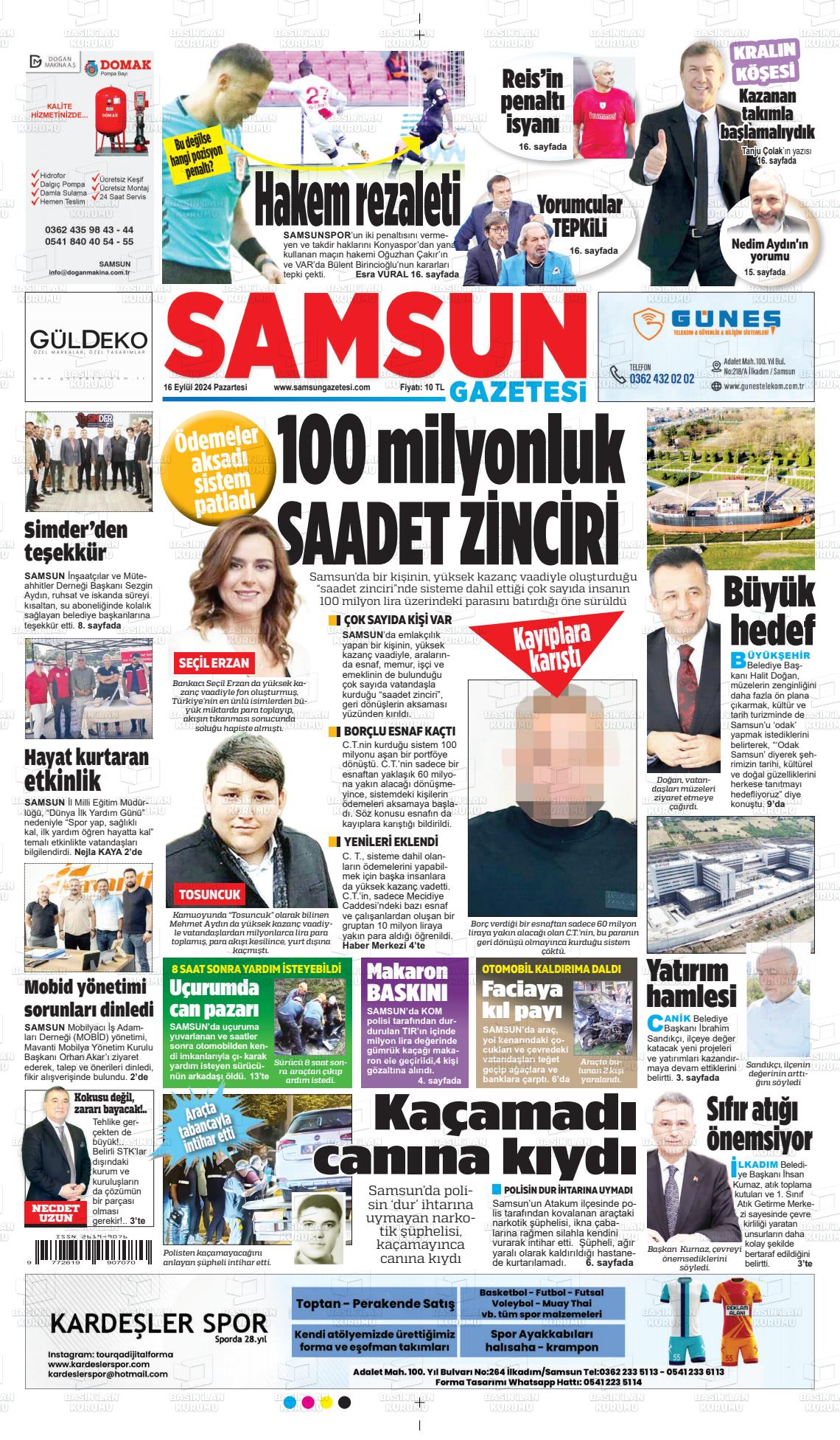 16 Eylül 2024 Samsun Gazete Manşeti