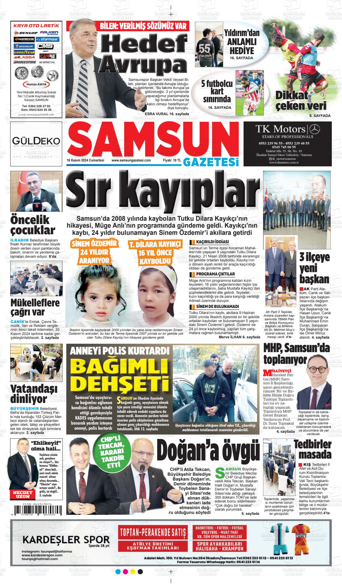 16 Kasım 2024 Samsun Gazete Manşeti