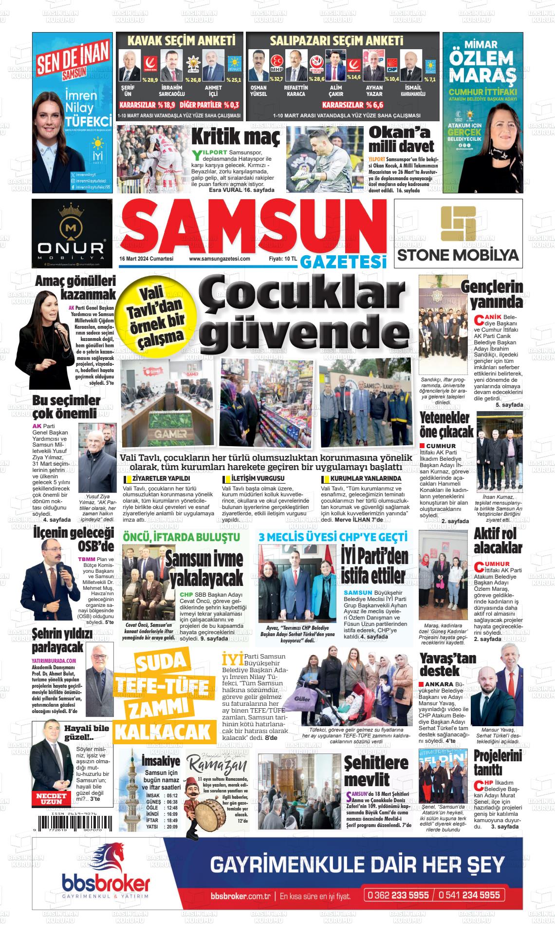 16 Mart 2024 Samsun Gazete Manşeti