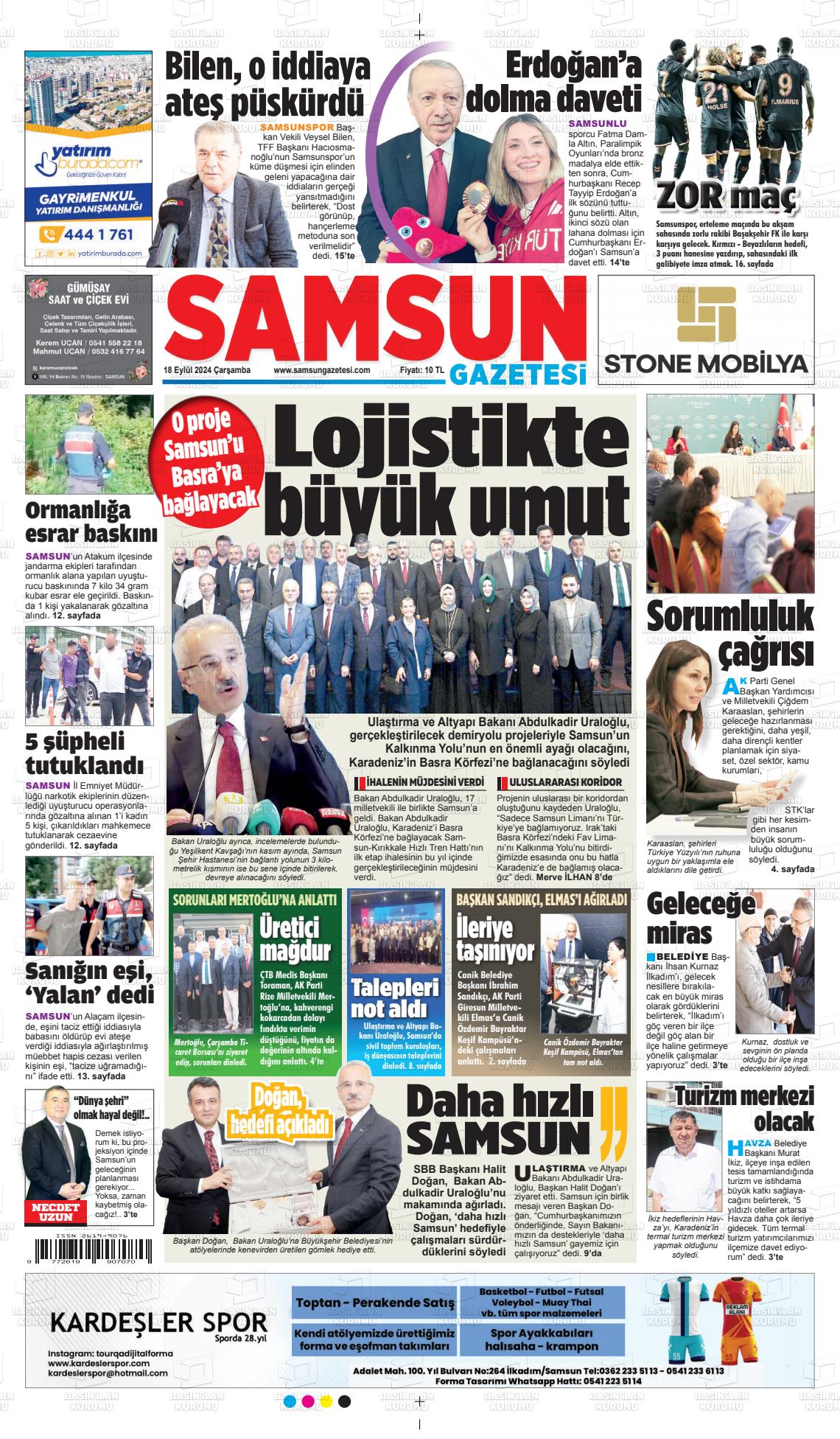 18 Eylül 2024 Samsun Gazete Manşeti