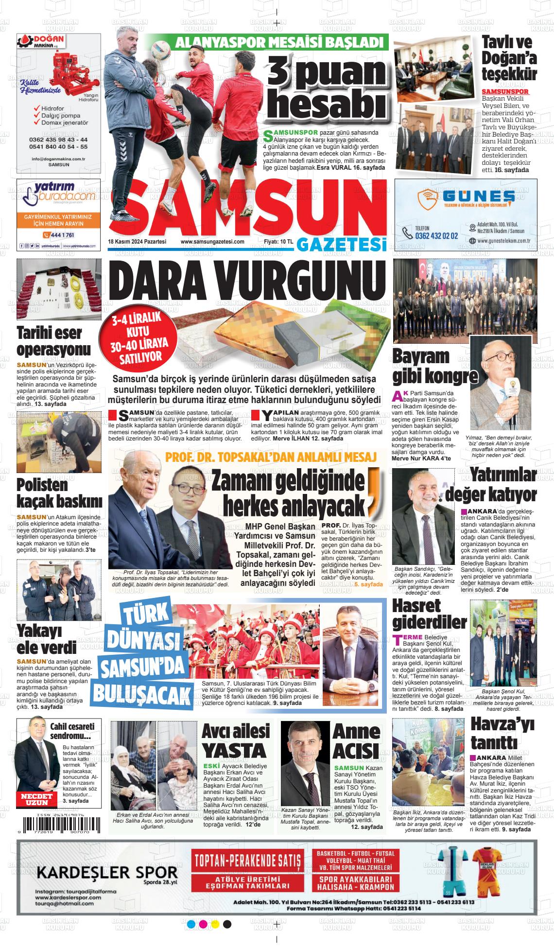 18 Kasım 2024 Samsun Gazete Manşeti