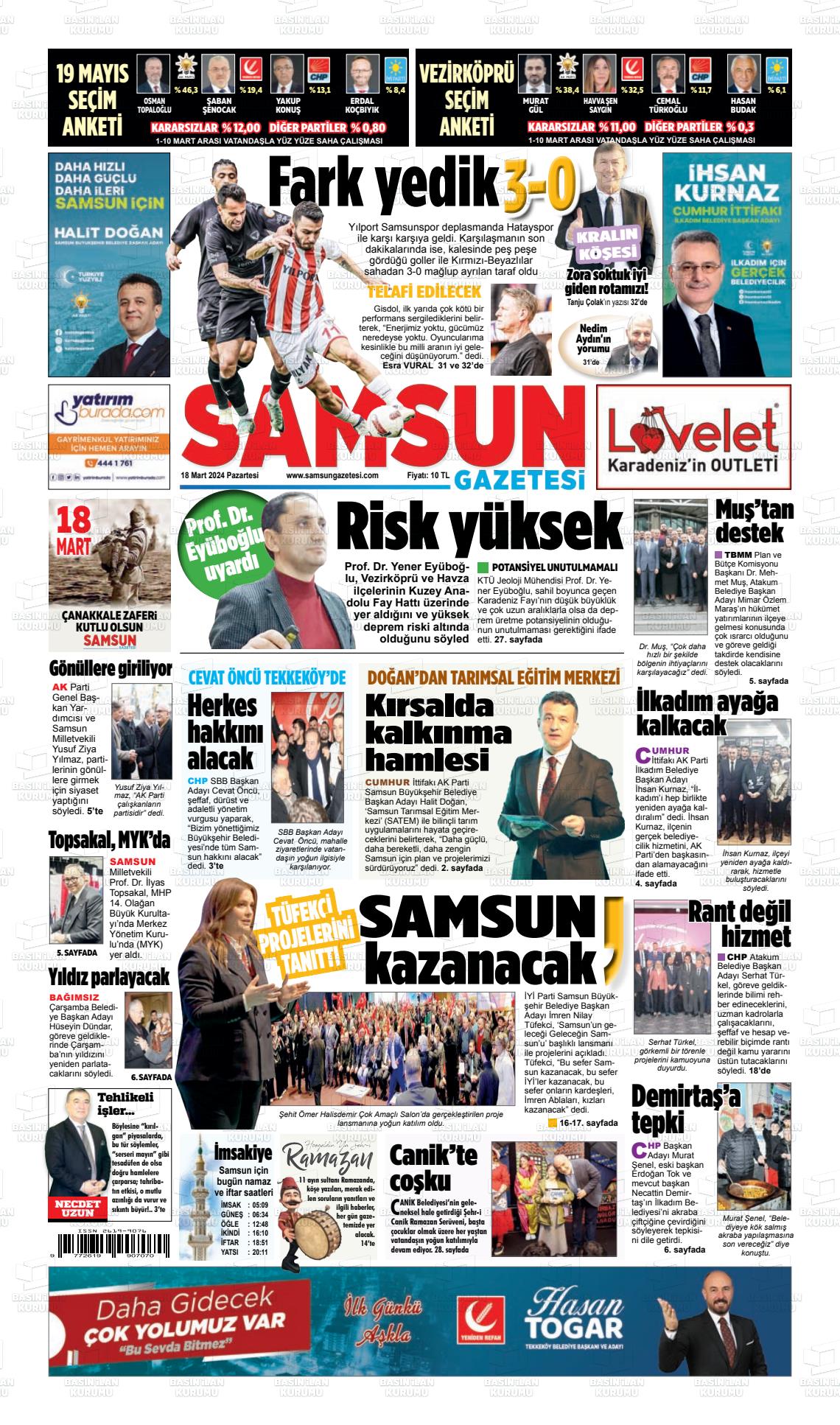 18 Mart 2024 Samsun Gazete Manşeti